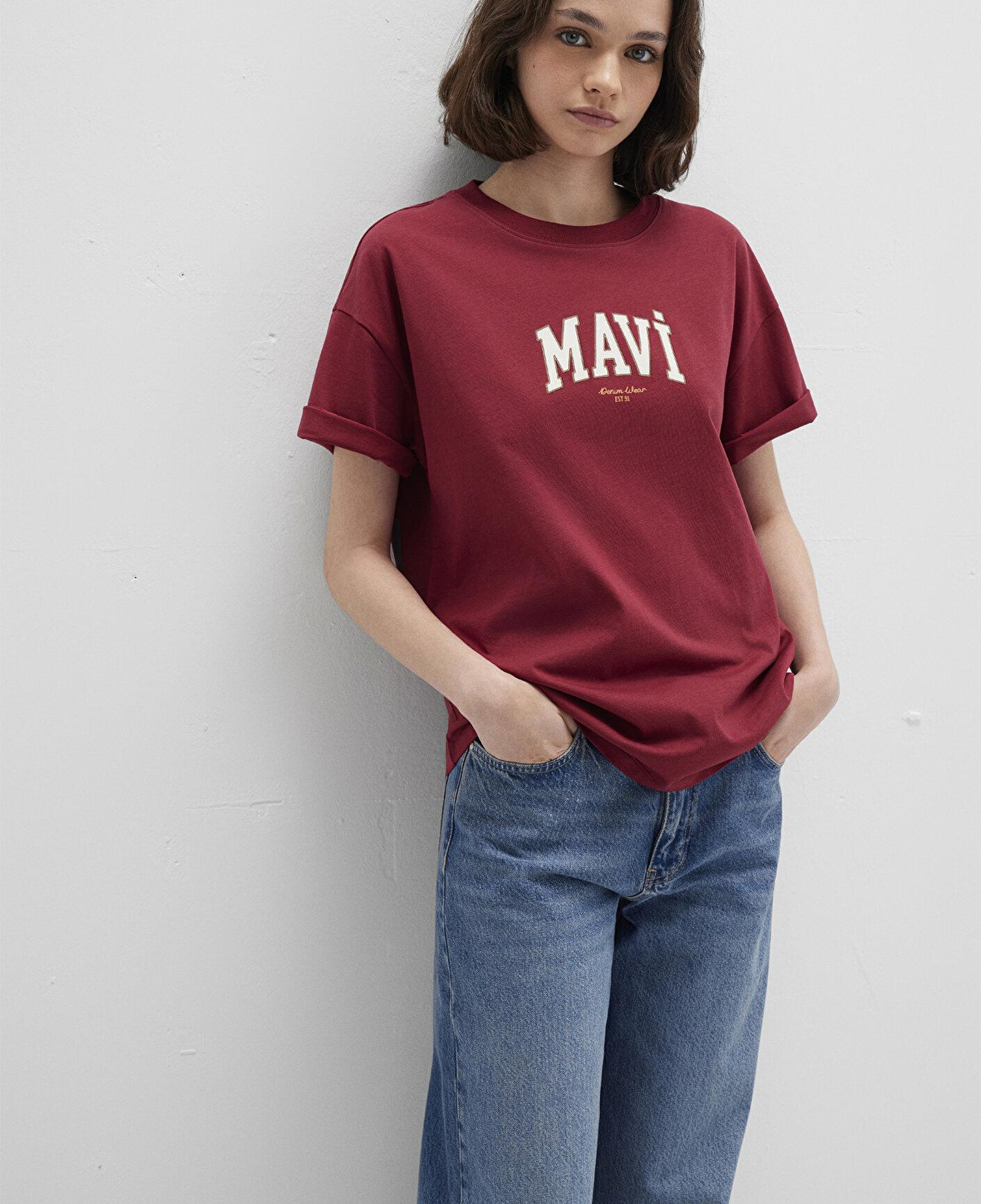 Mavi Mavi Logo Baskılı Bordo Tişört Loose Fit / Bol Rahat Kesim 1613410-70430