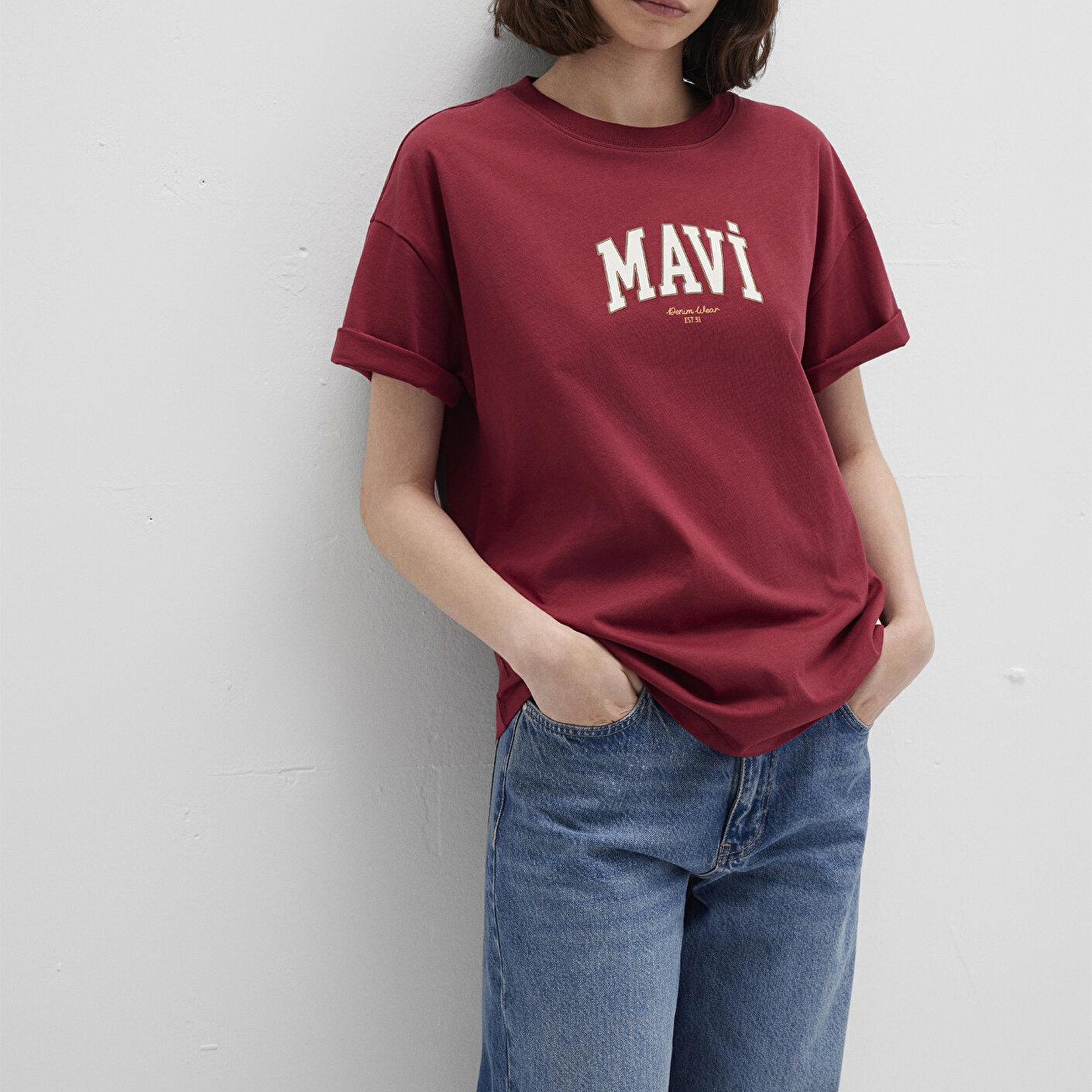 Mavi Mavi Logo Baskılı Bordo Tişört Loose Fit / Bol Rahat Kesim 1613410-70430