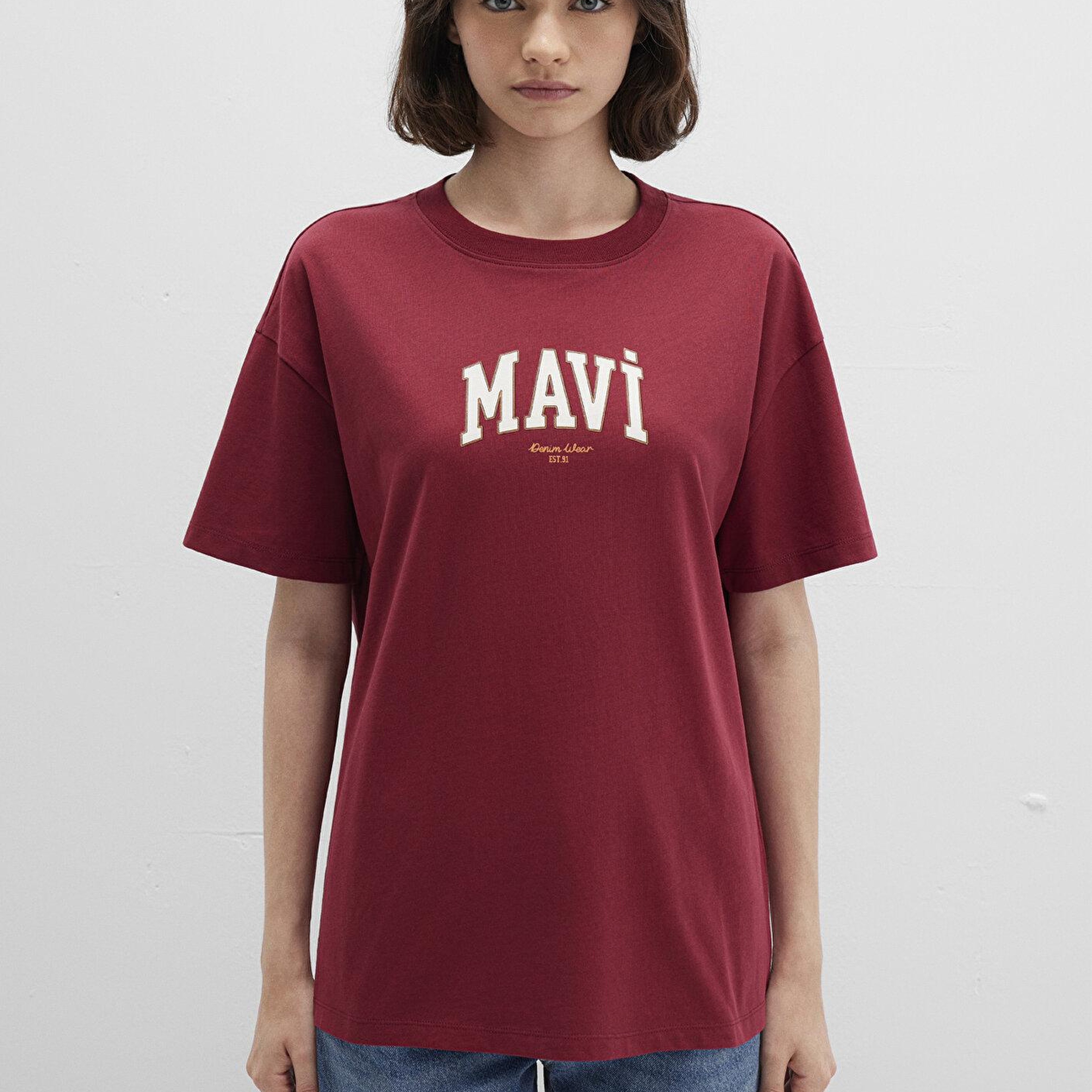 Mavi Mavi Logo Baskılı Bordo Tişört Loose Fit / Bol Rahat Kesim 1613410-70430