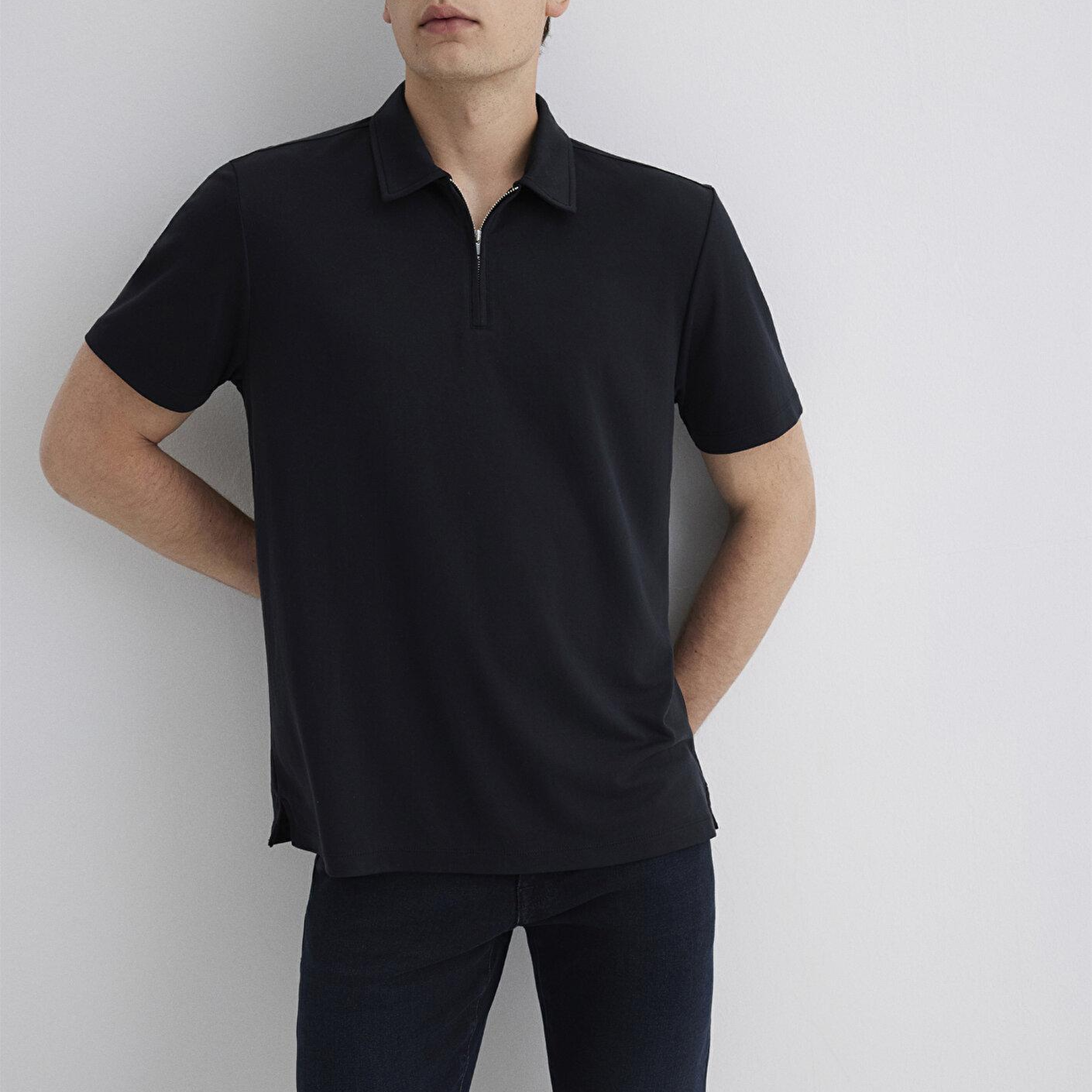 Mavi Soft-Premium Siyah (TENCEL™) Modal Karışımlı Yarı Fermuarlı Polo Tişört Regular Fit / Normal Kesim 0613007-900