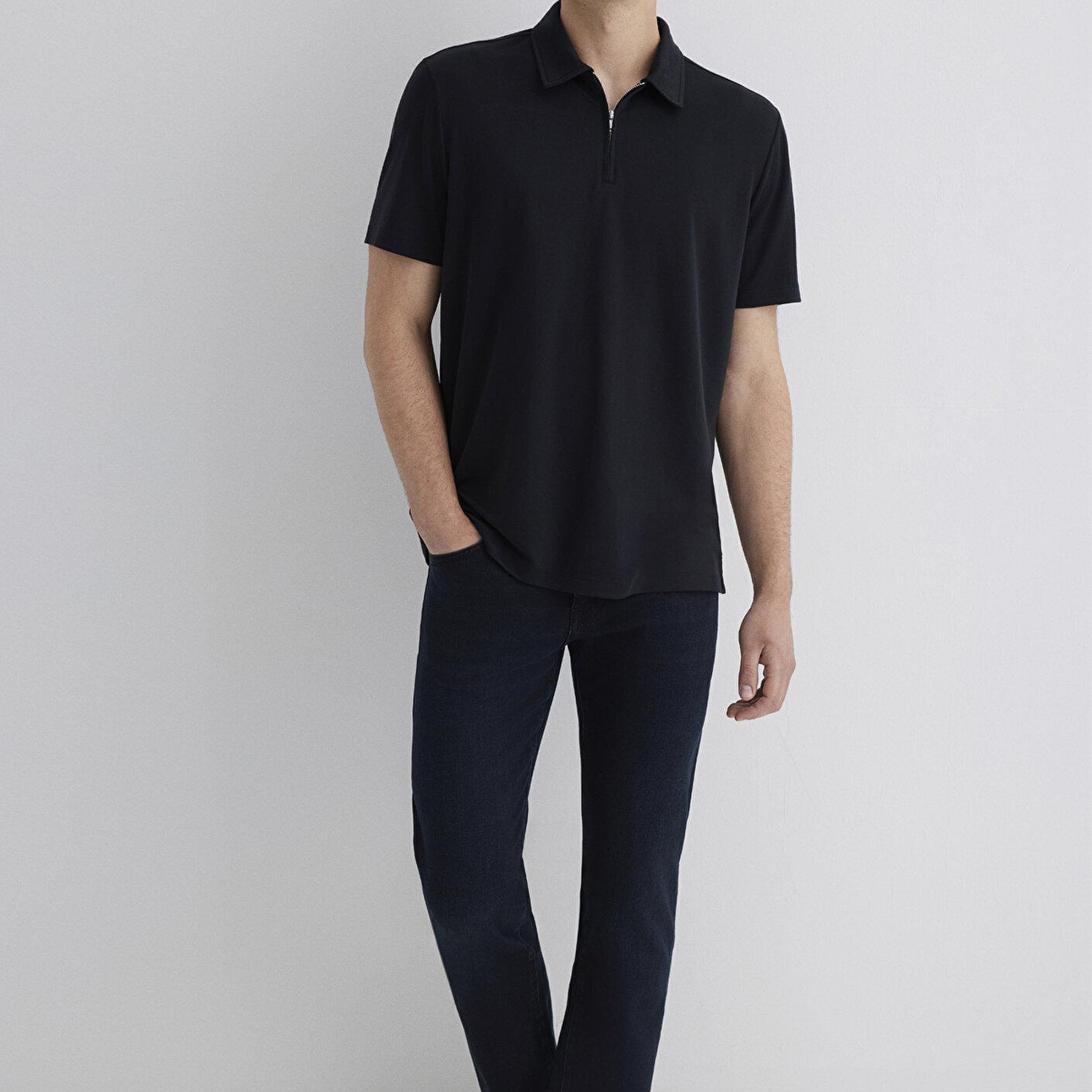 Mavi Soft-Premium Siyah (TENCEL™) Modal Karışımlı Yarı Fermuarlı Polo Tişört Regular Fit / Normal Kesim 0613007-900