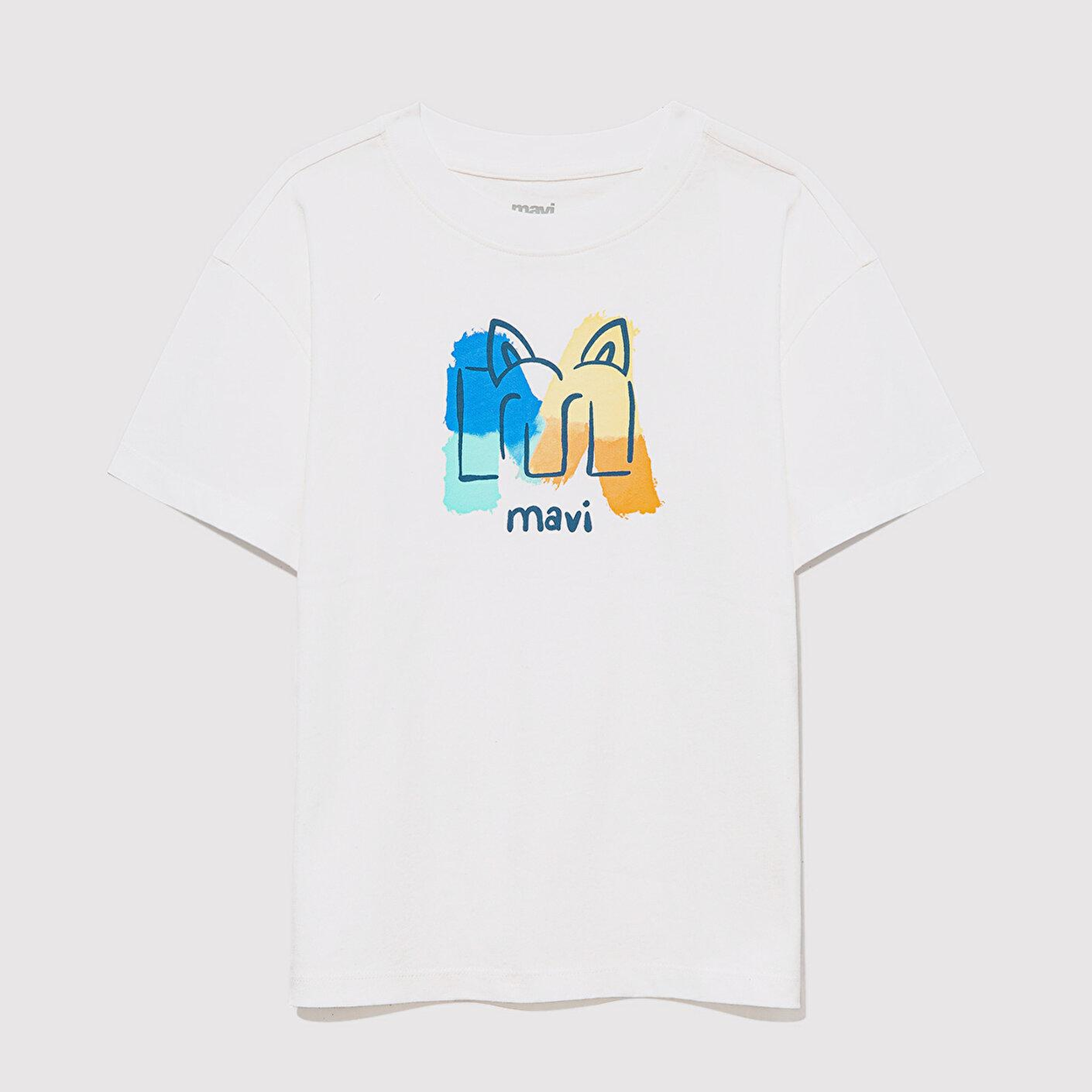 Mavi Mavi Logo Kedi Baskılı Ekru Tişört Loose Fit / Bol Rahat Kesim 7610339-70057