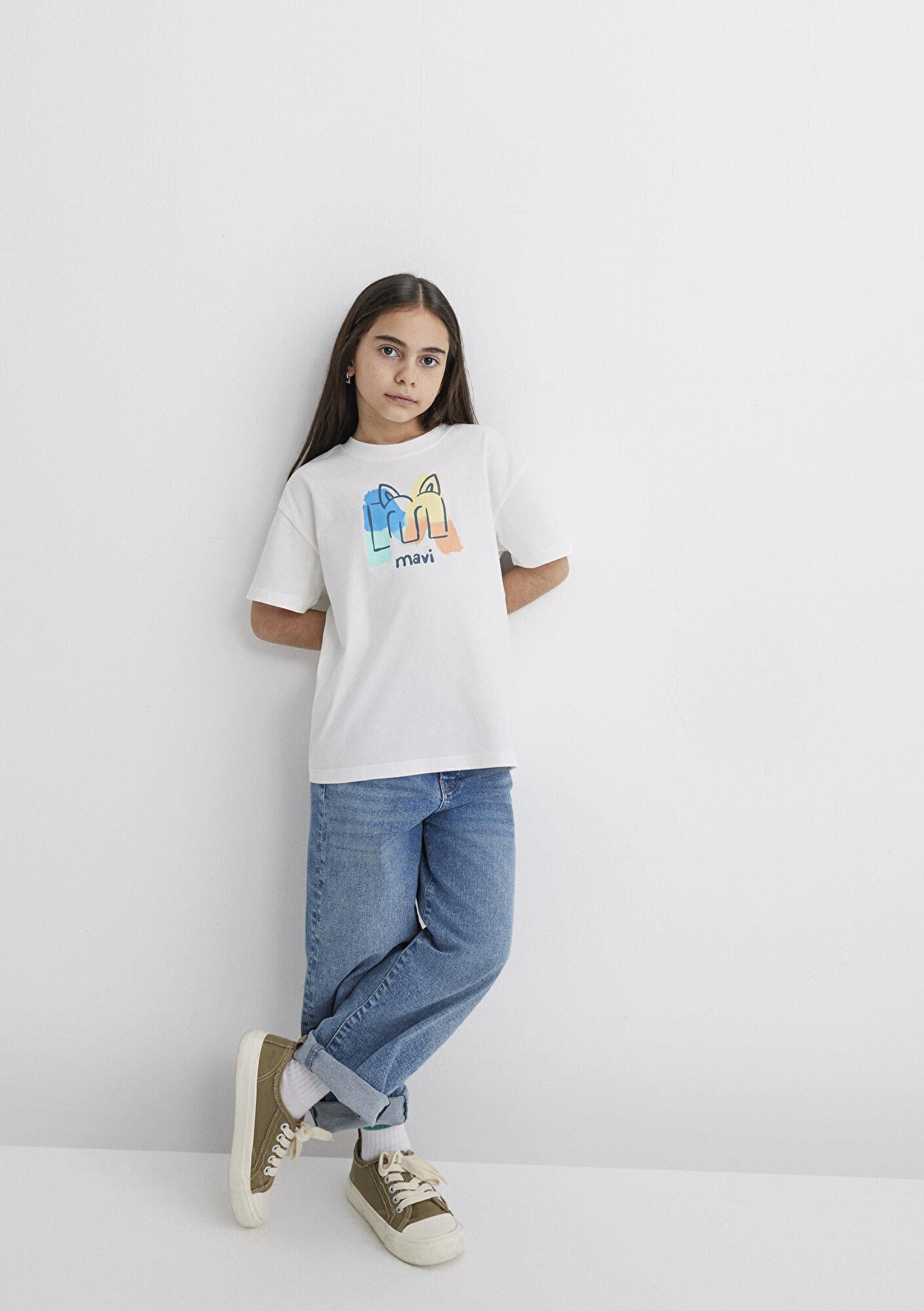Mavi Mavi Logo Kedi Baskılı Ekru Tişört Loose Fit / Bol Rahat Kesim 7610339-70057