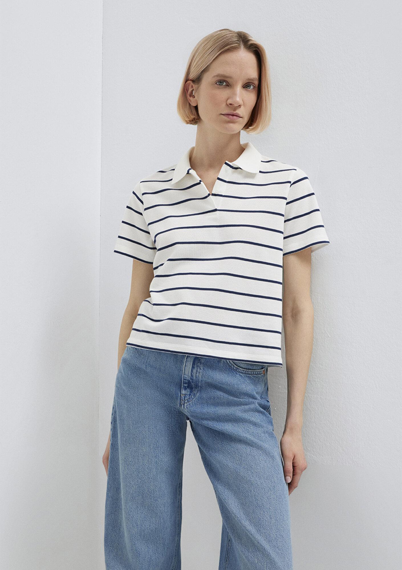 Mavi Lacivert Çizgili Beyaz Polo Tişört Regular Fit / Normal Kesim 1613714-90696