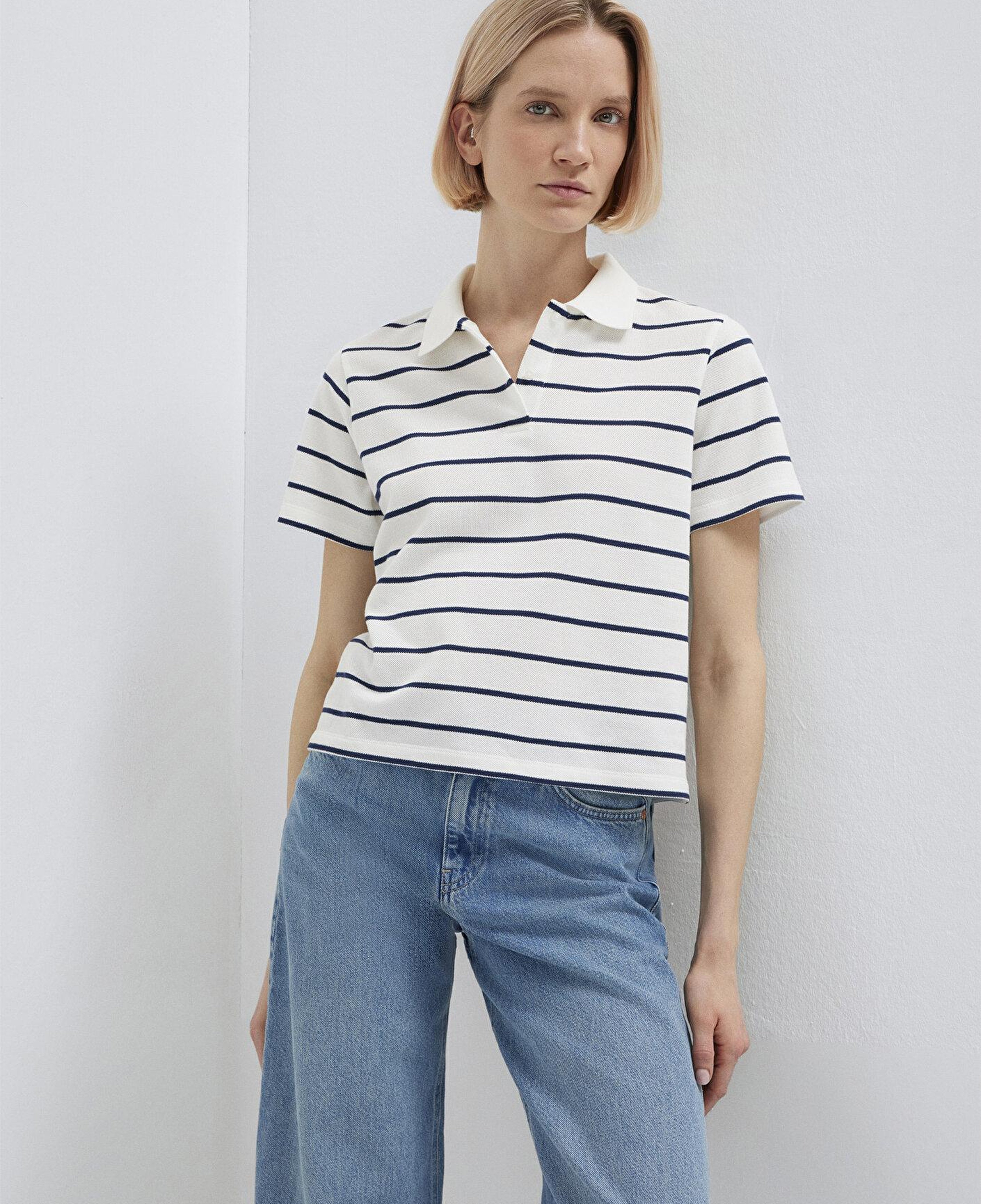 Mavi Lacivert Çizgili Beyaz Polo Tişört Regular Fit / Normal Kesim 1613714-90696