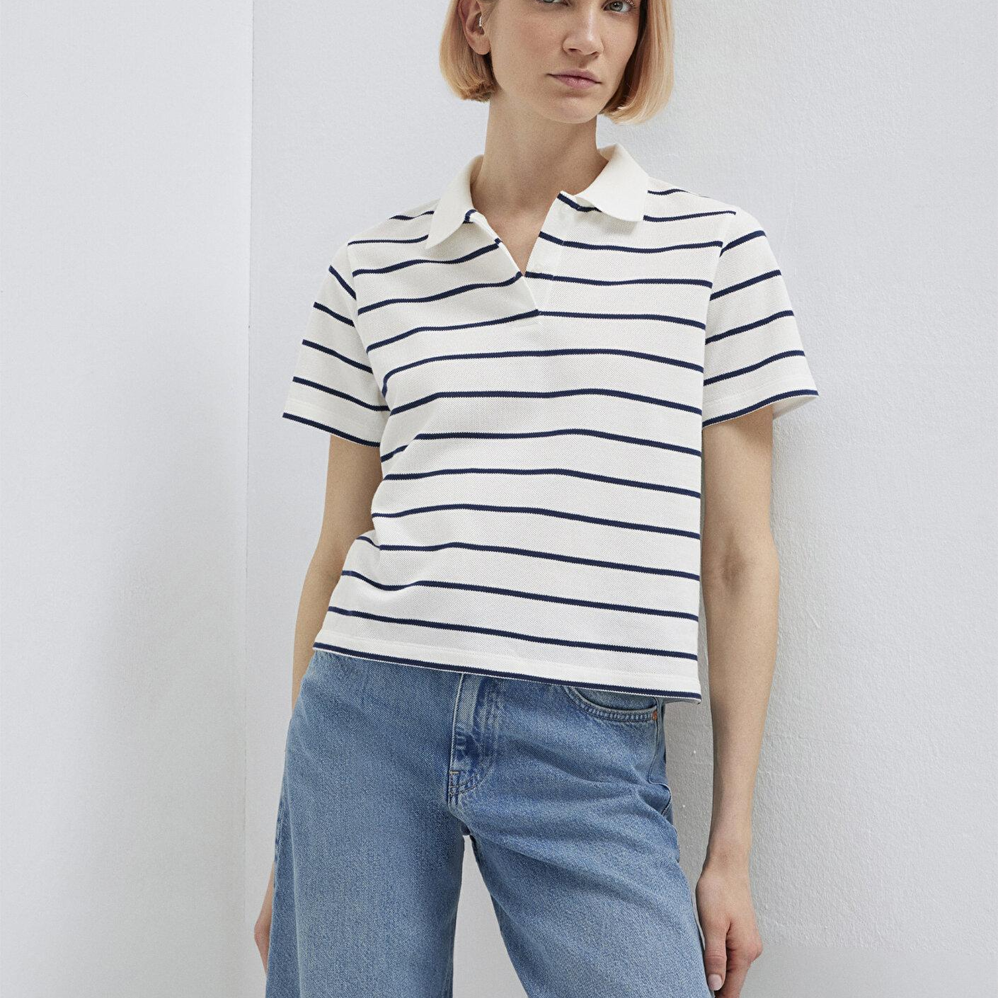 Mavi Lacivert Çizgili Beyaz Polo Tişört Regular Fit / Normal Kesim 1613714-90696