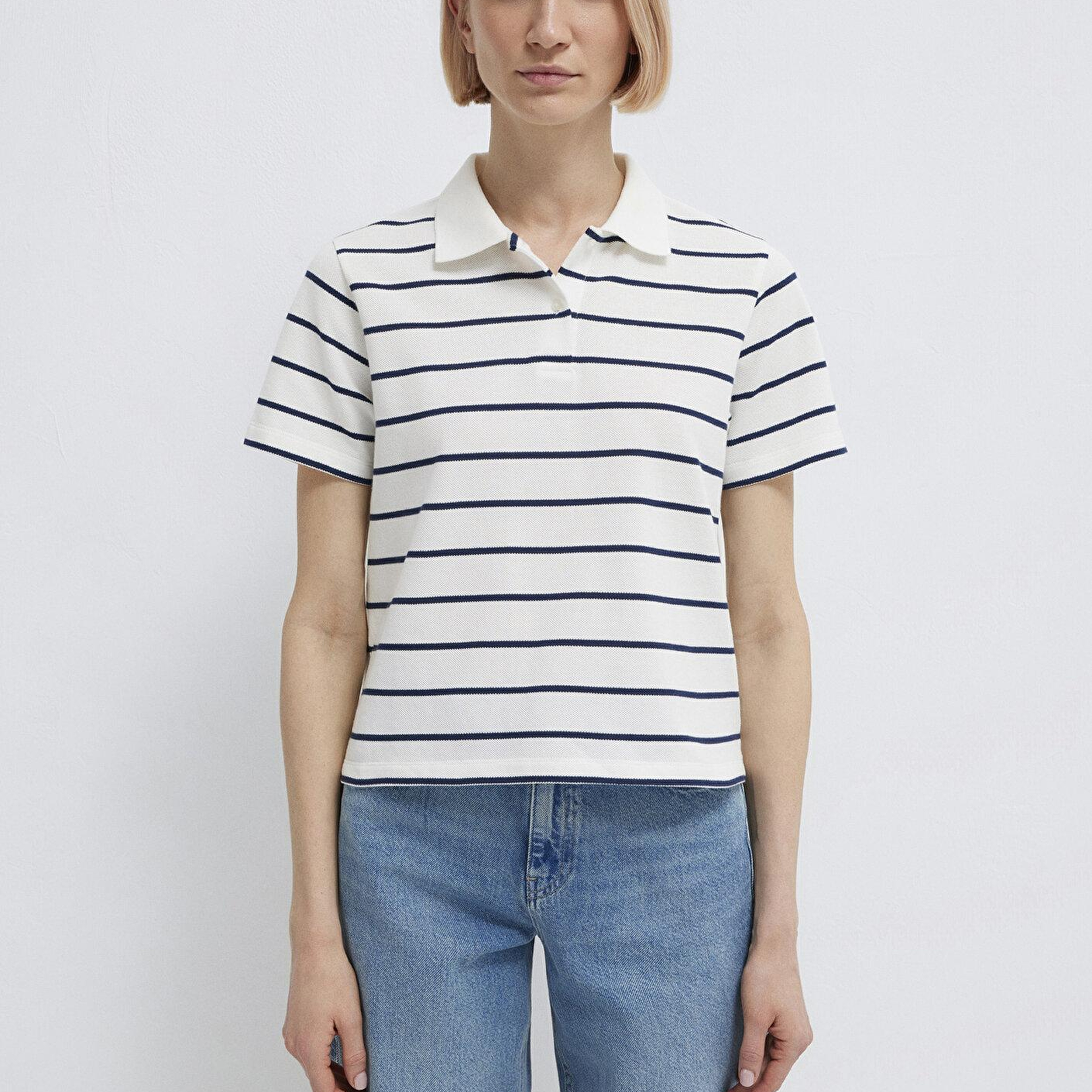 Mavi Lacivert Çizgili Beyaz Polo Tişört Regular Fit / Normal Kesim 1613714-90696