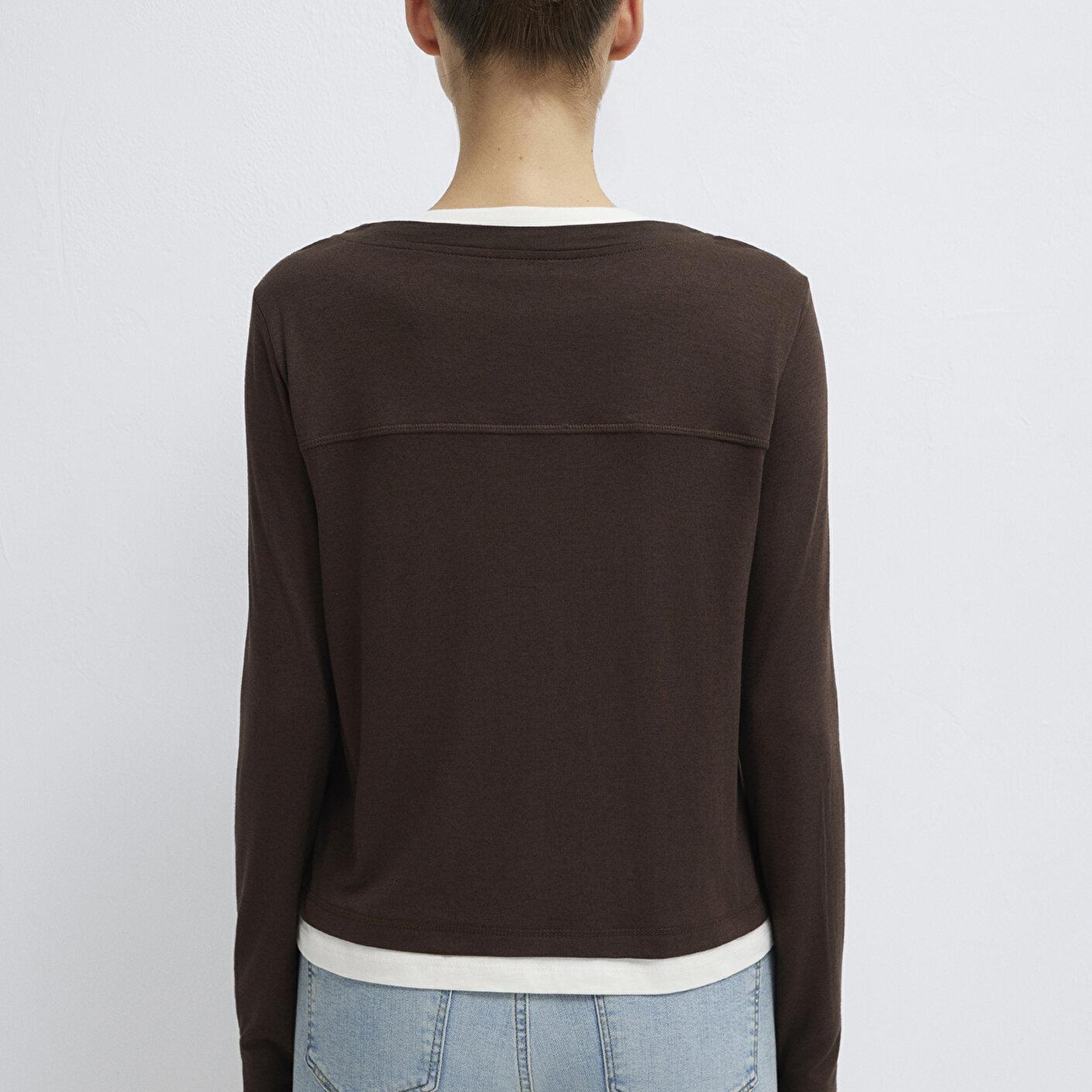 Mavi Yün Karışımlı Çift Katlı Kahverengi Uzun Kollu Tişört Semi Slim Fit / Yarı Dar Kesim 1613400-88067