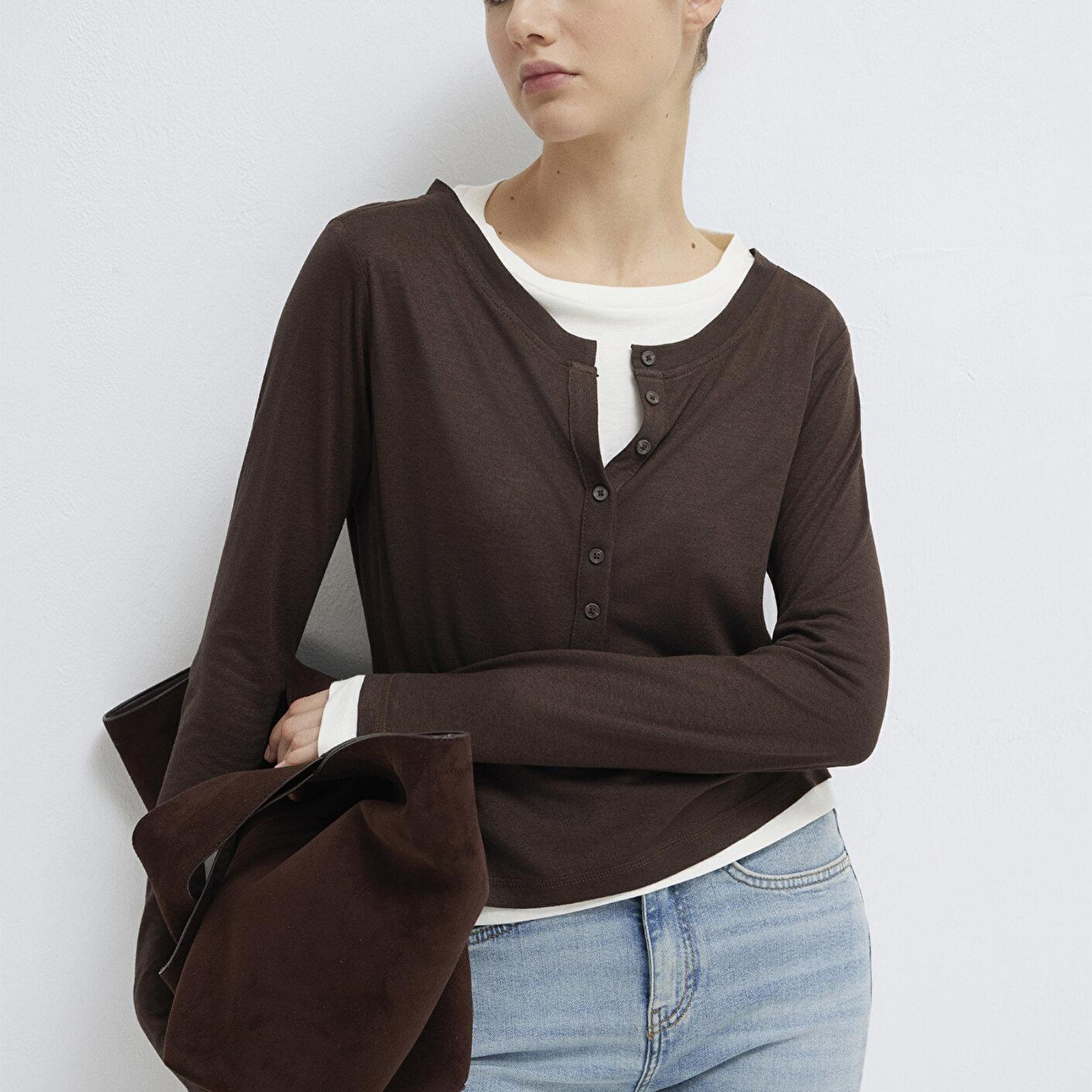 Mavi Yün Karışımlı Çift Katlı Kahverengi Uzun Kollu Tişört Semi Slim Fit / Yarı Dar Kesim 1613400-88067