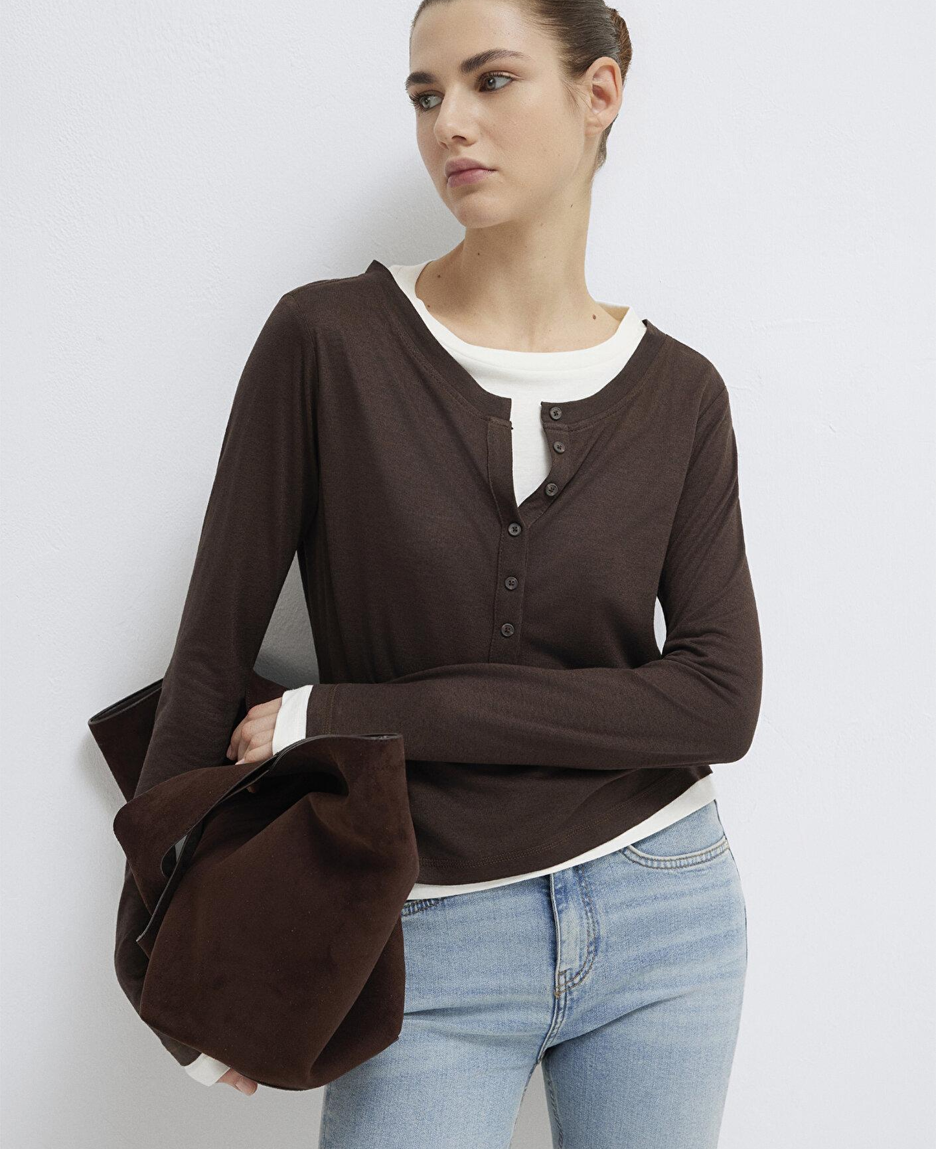 Mavi Yün Karışımlı Çift Katlı Kahverengi Uzun Kollu Tişört Semi Slim Fit / Yarı Dar Kesim 1613400-88067