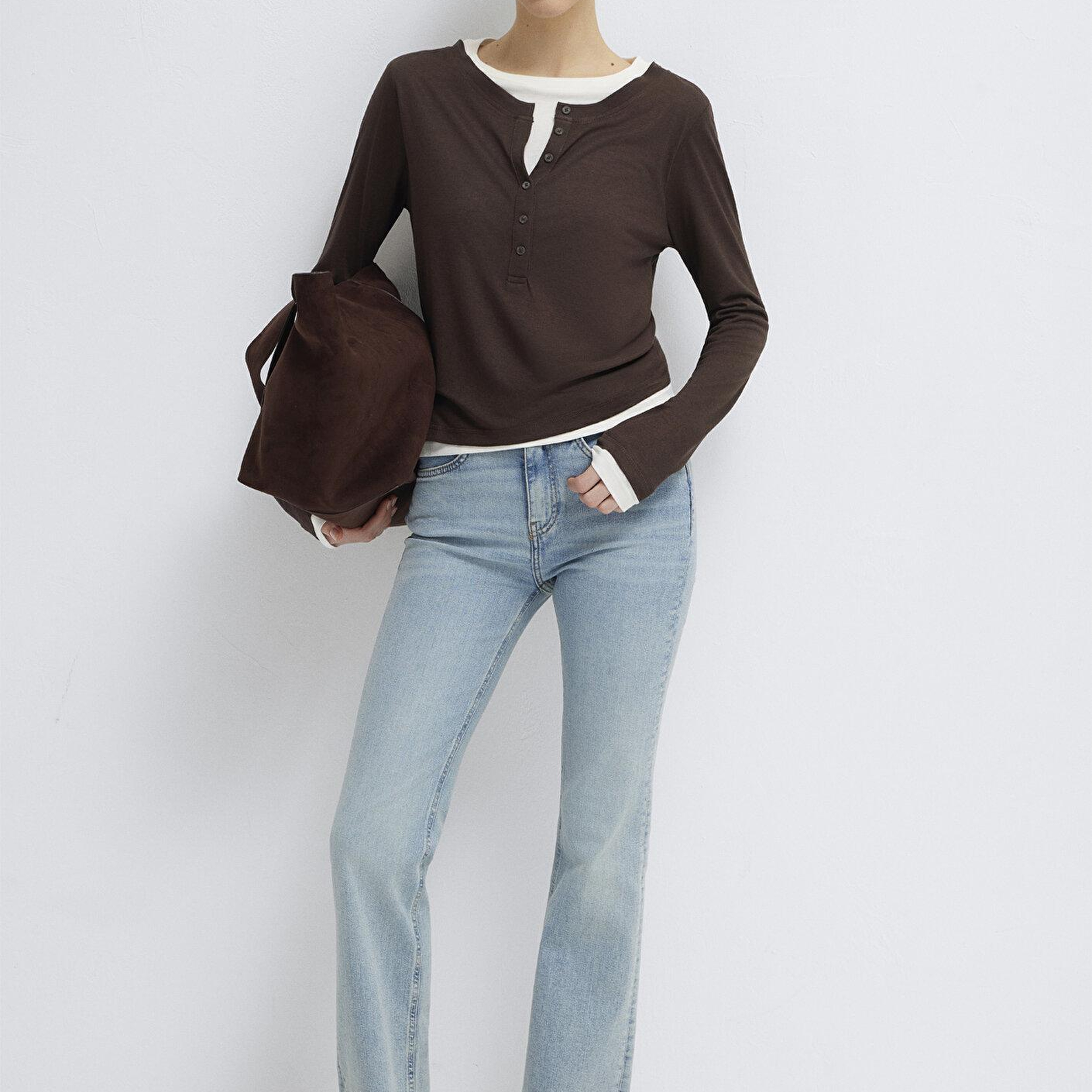 Mavi Yün Karışımlı Çift Katlı Kahverengi Uzun Kollu Tişört Semi Slim Fit / Yarı Dar Kesim 1613400-88067