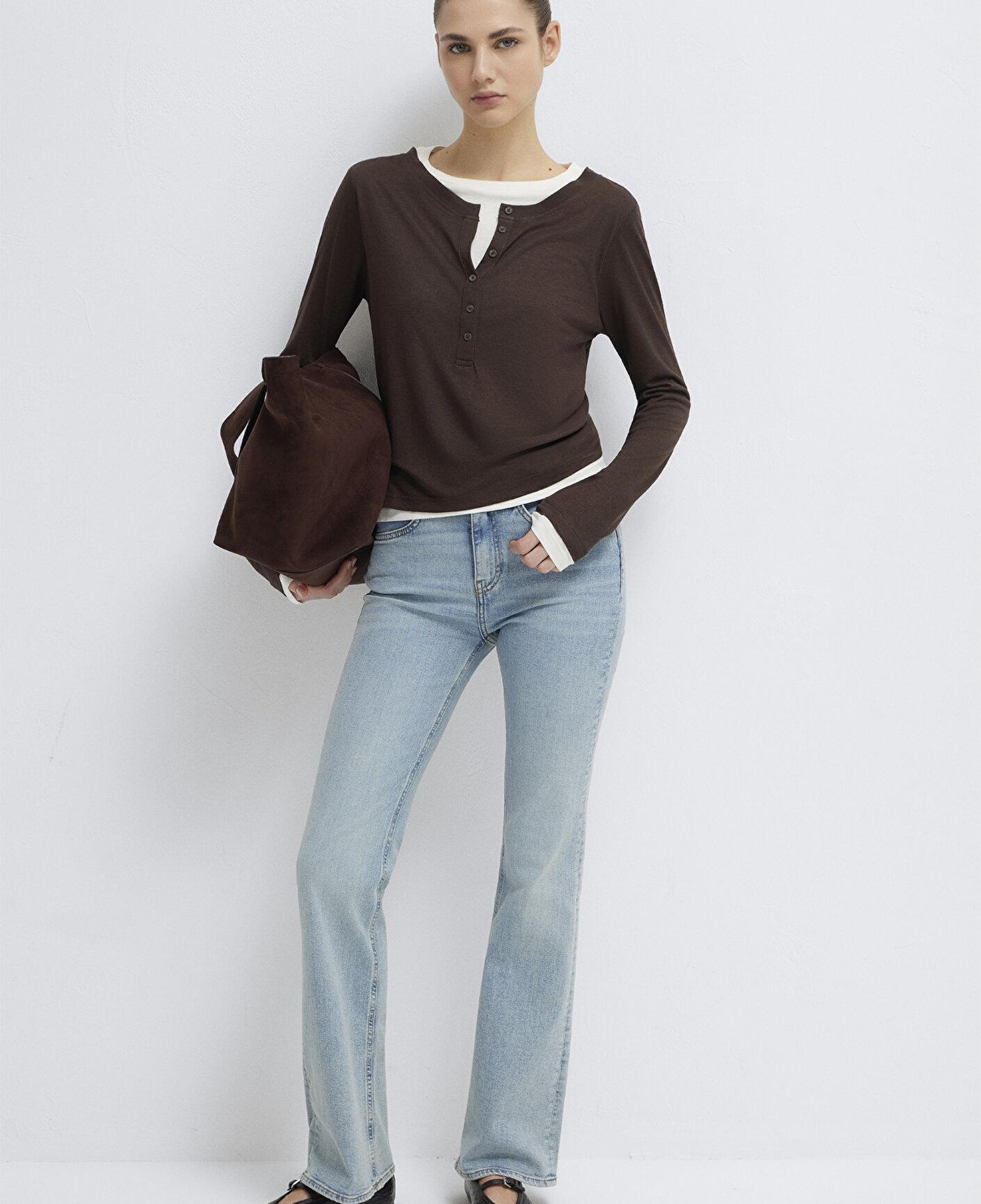 Mavi Yün Karışımlı Çift Katlı Kahverengi Uzun Kollu Tişört Semi Slim Fit / Yarı Dar Kesim 1613400-88067