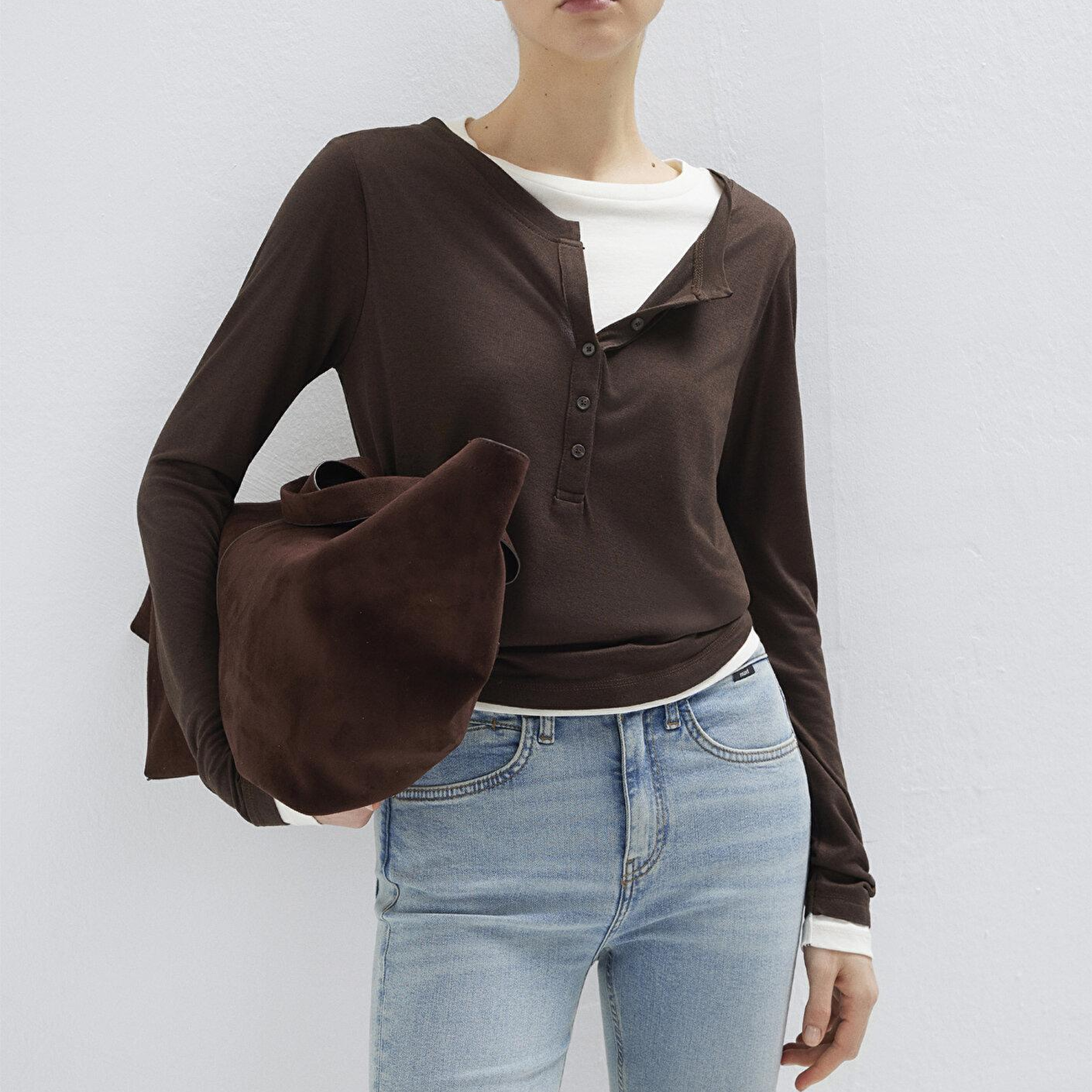 Mavi Yün Karışımlı Çift Katlı Kahverengi Uzun Kollu Tişört Semi Slim Fit / Yarı Dar Kesim 1613400-88067