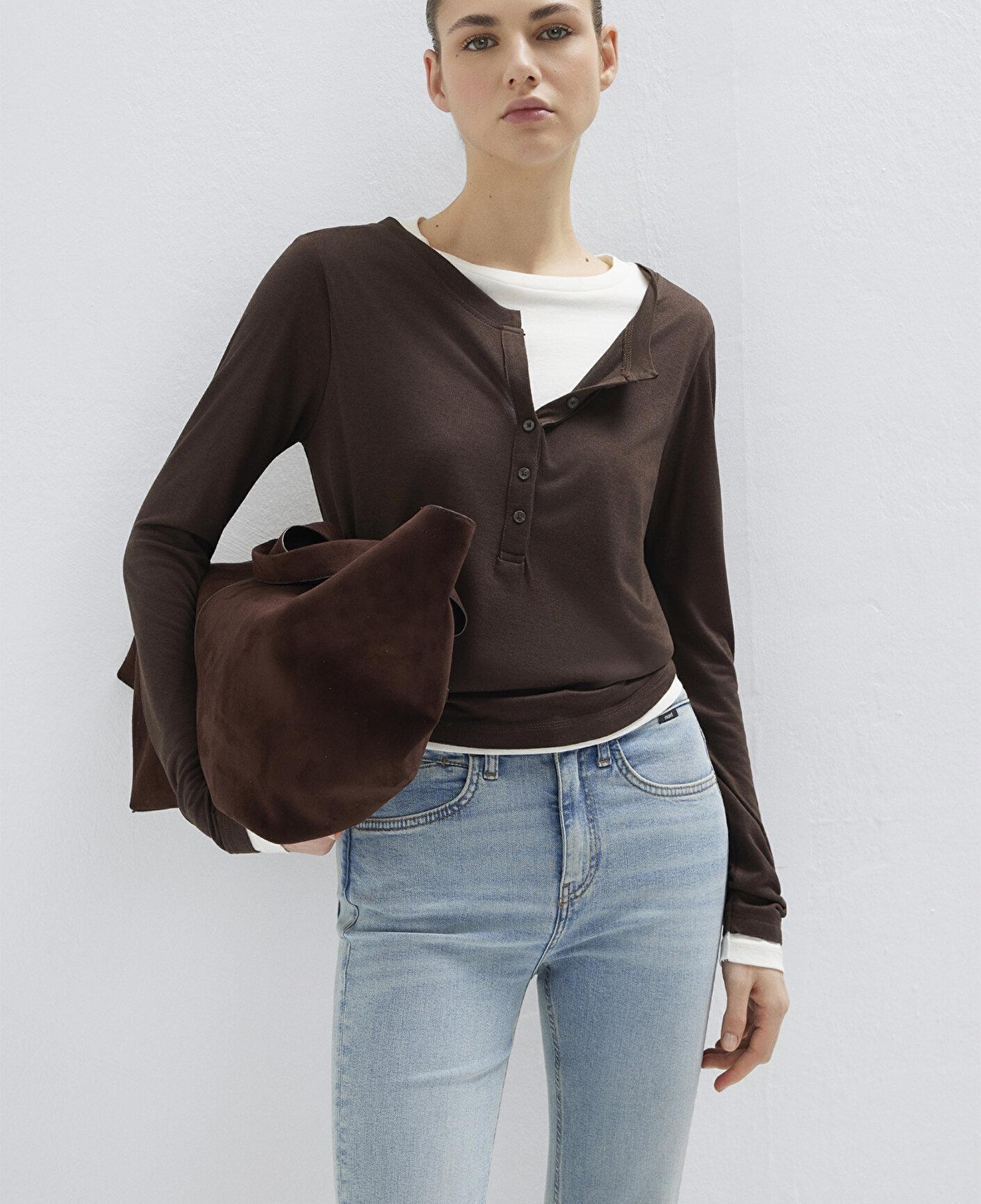 Mavi Yün Karışımlı Çift Katlı Kahverengi Uzun Kollu Tişört Semi Slim Fit / Yarı Dar Kesim 1613400-88067