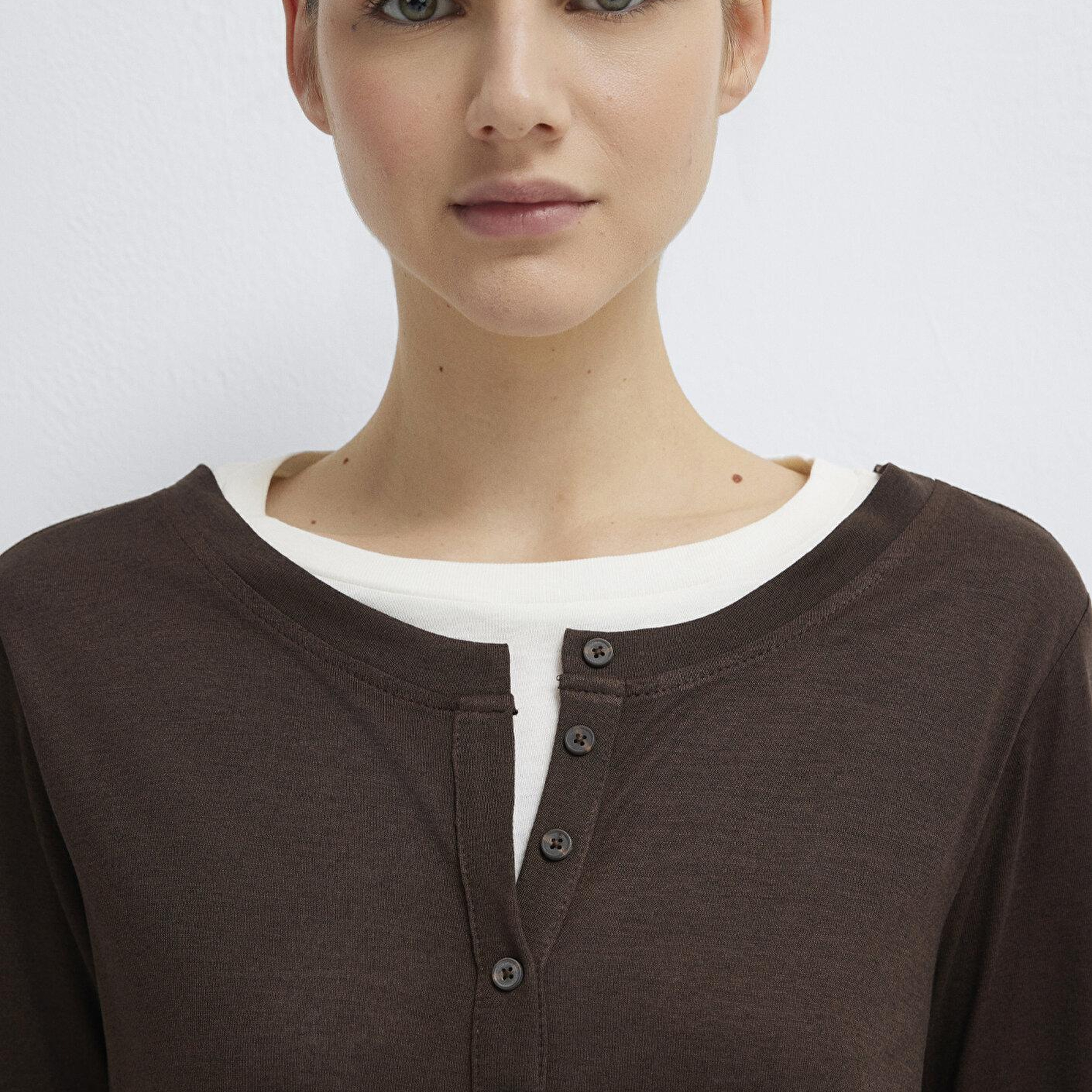 Mavi Yün Karışımlı Çift Katlı Kahverengi Uzun Kollu Tişört Semi Slim Fit / Yarı Dar Kesim 1613400-88067