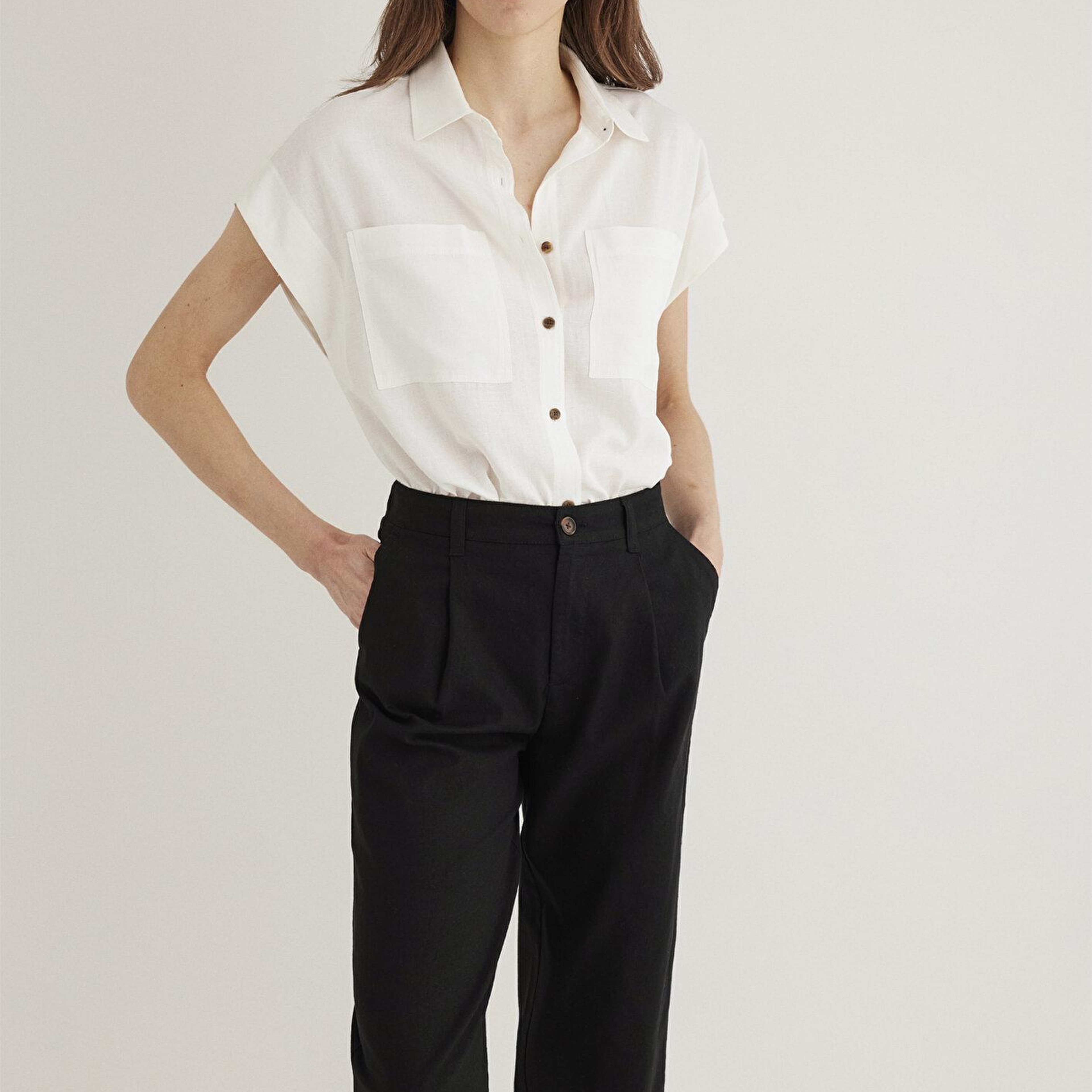 Mavi Cep Detaylı Ekru Gömlek Loose Fit / Bol Rahat Kesim 1211090-70057