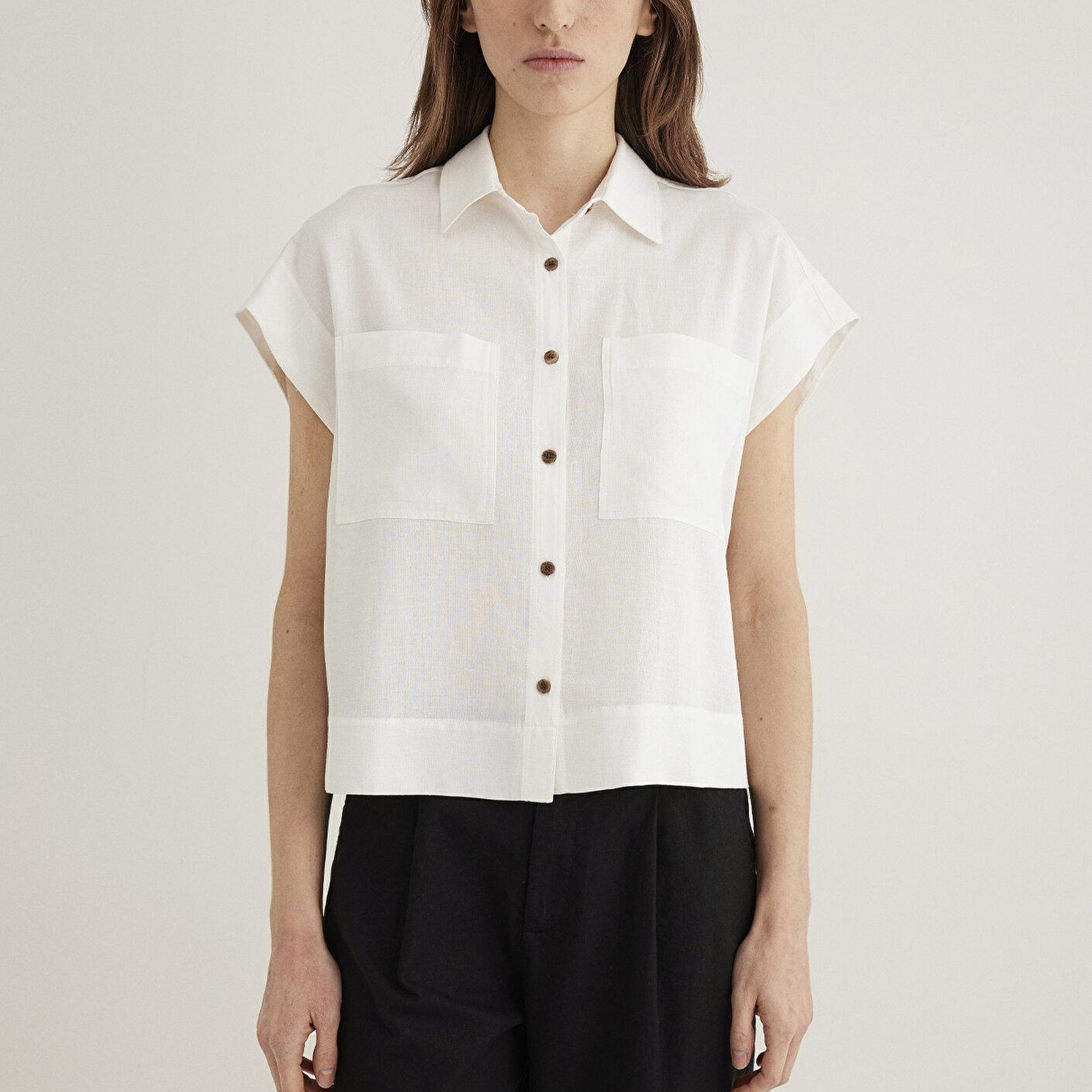 Mavi Cep Detaylı Ekru Gömlek Loose Fit / Bol Rahat Kesim 1211090-70057