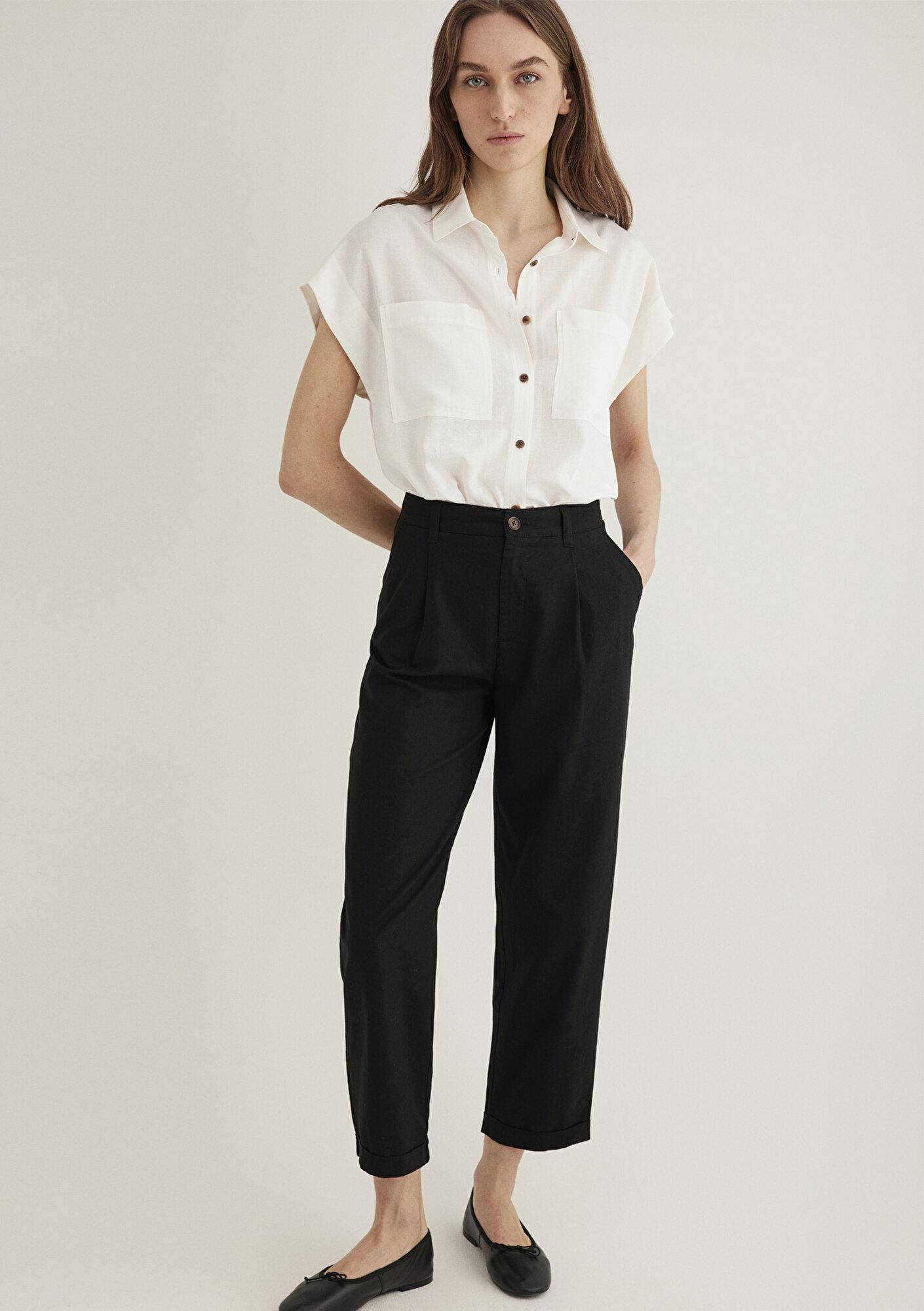 Mavi Cep Detaylı Ekru Gömlek Loose Fit / Bol Rahat Kesim 1211090-70057