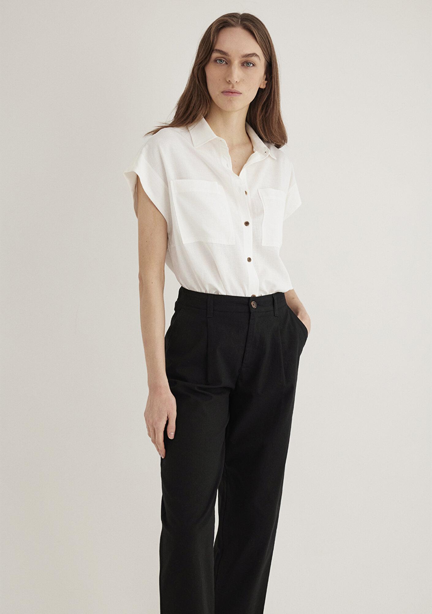 Mavi Cep Detaylı Ekru Gömlek Loose Fit / Bol Rahat Kesim 1211090-70057