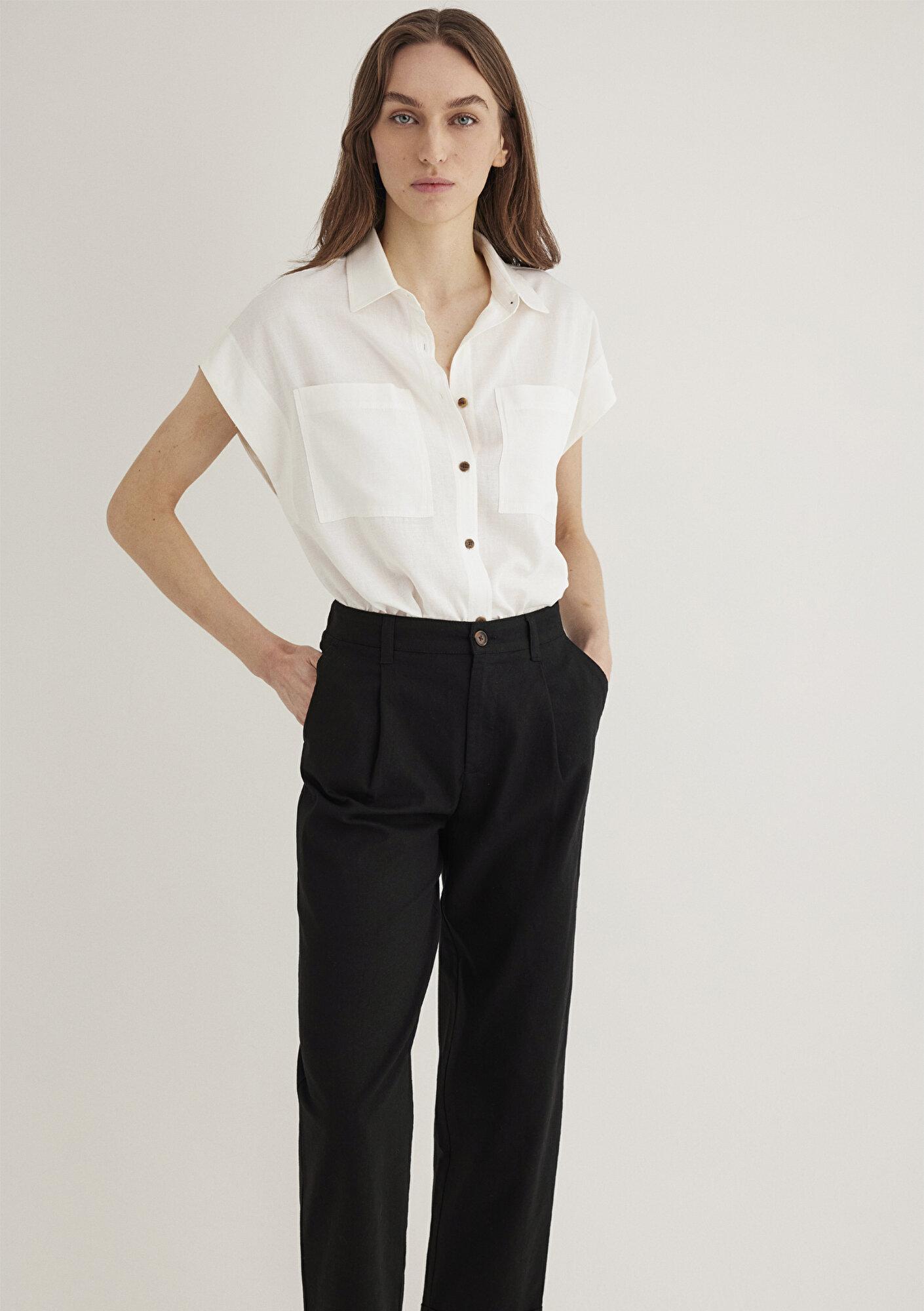Mavi Cep Detaylı Ekru Gömlek Loose Fit / Bol Rahat Kesim 1211090-70057