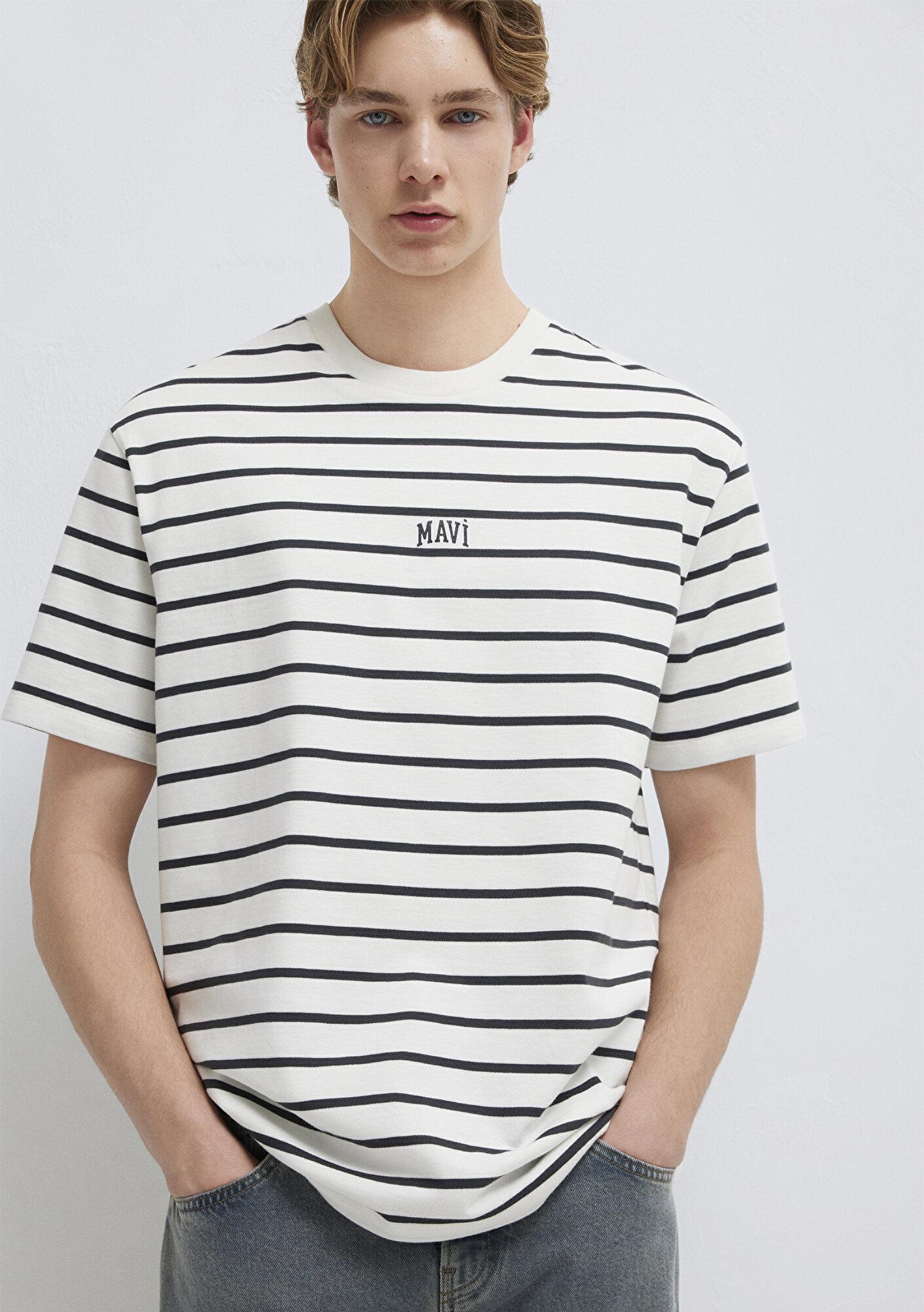 Mavi Mavi Logo Baskılı Çizgili Beyaz Tişört Loose Fit / Bol Rahat Kesim 0612420-86678