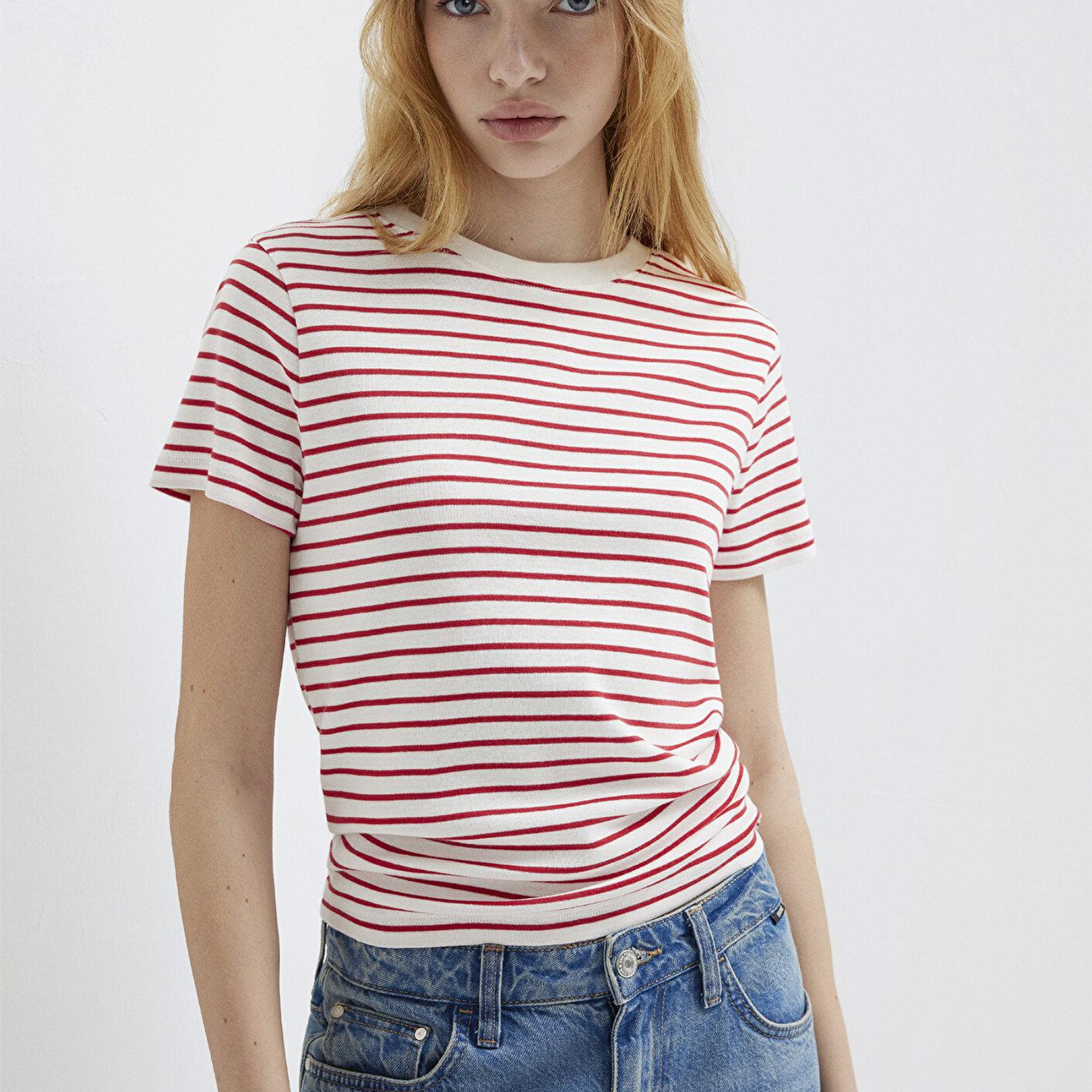 Mavi Bisiklet Yaka Çizgili Kırmızı Tişört Slim Fit / Dar Kesim 1612881-86680