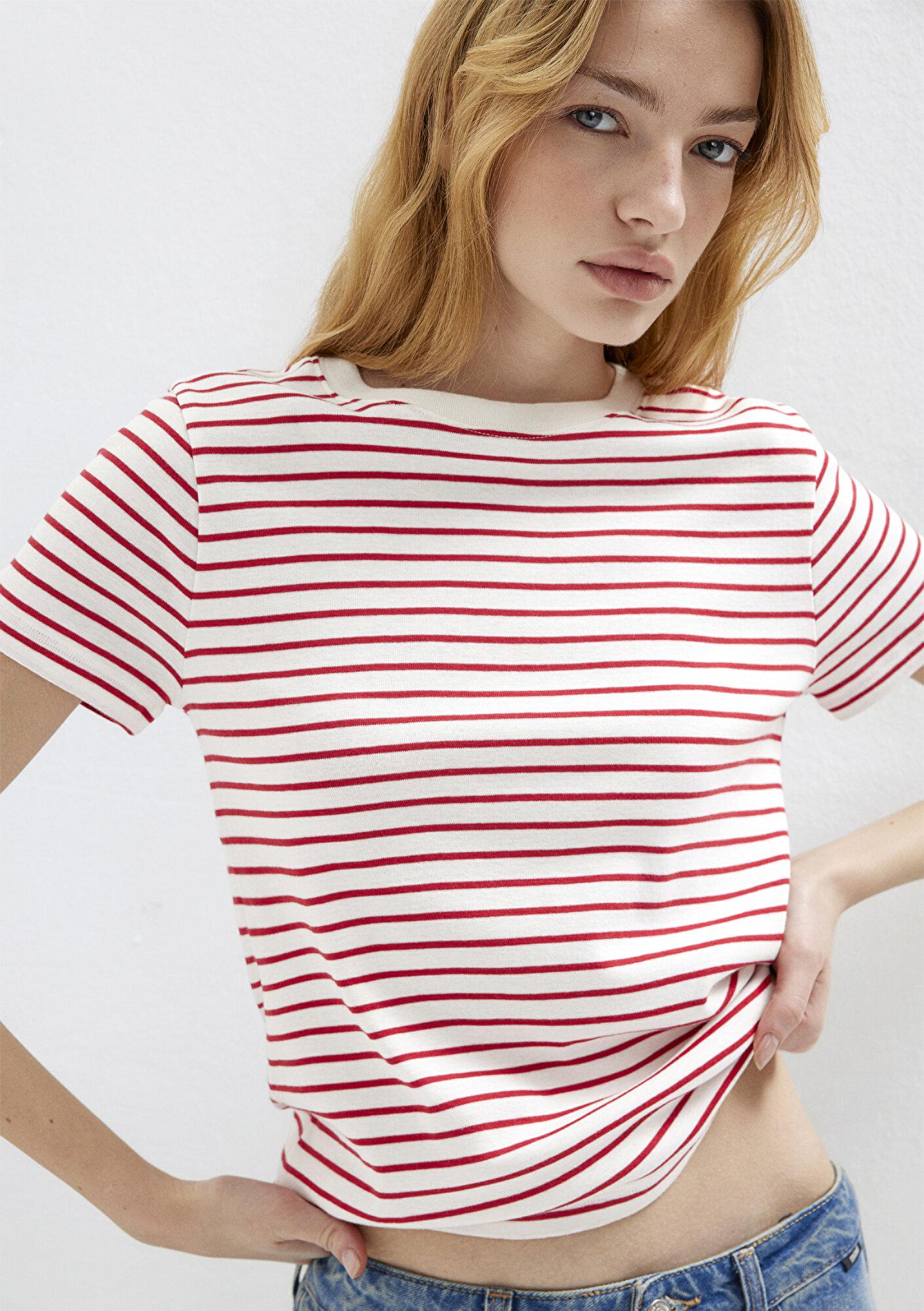 Mavi Bisiklet Yaka Çizgili Kırmızı Tişört Slim Fit / Dar Kesim 1612881-86680