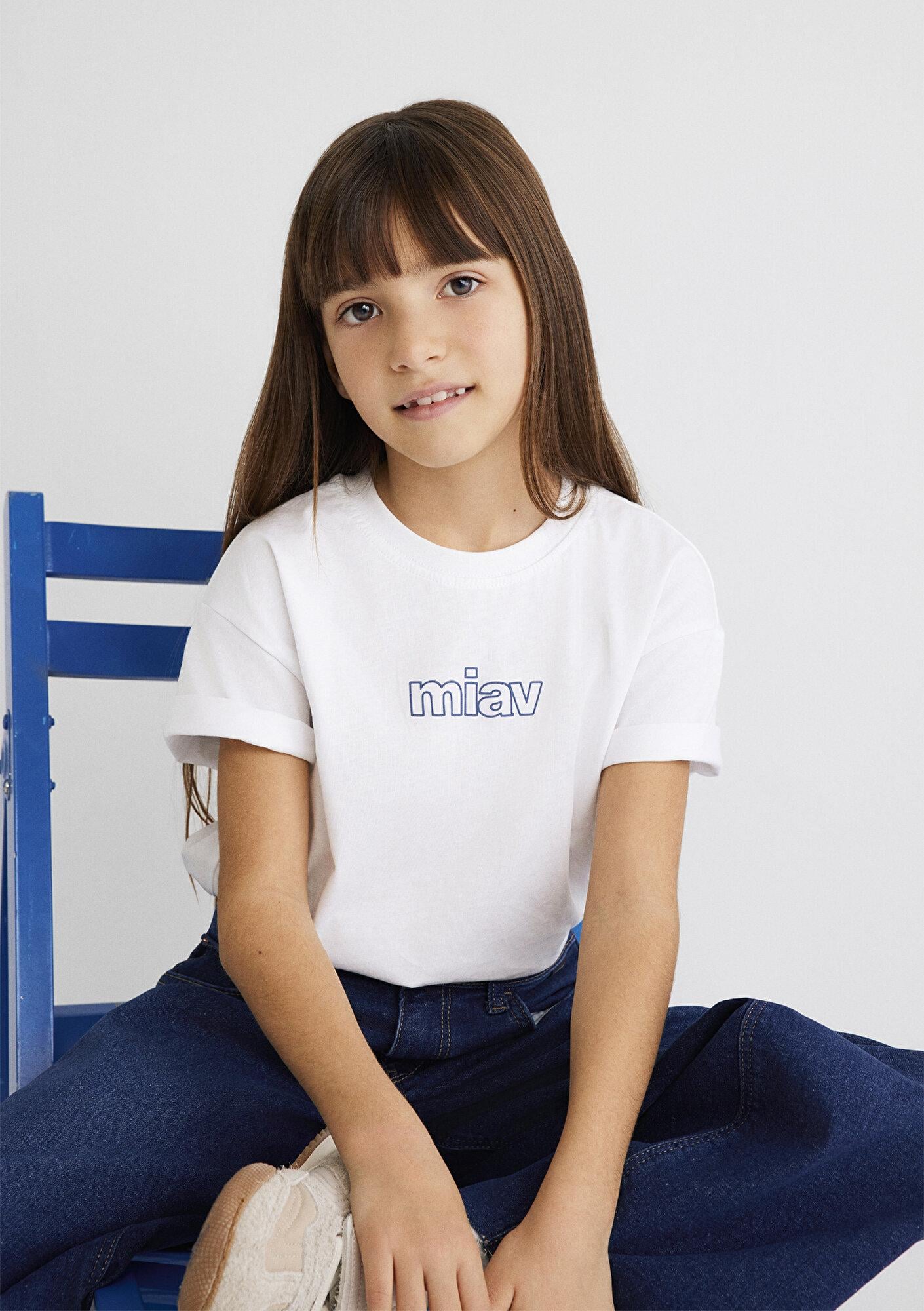 Mavi Miav Baskılı Beyaz Oversize Çocuk Tişört Loose Fit / Bol Rahat Kesim 7610158-620