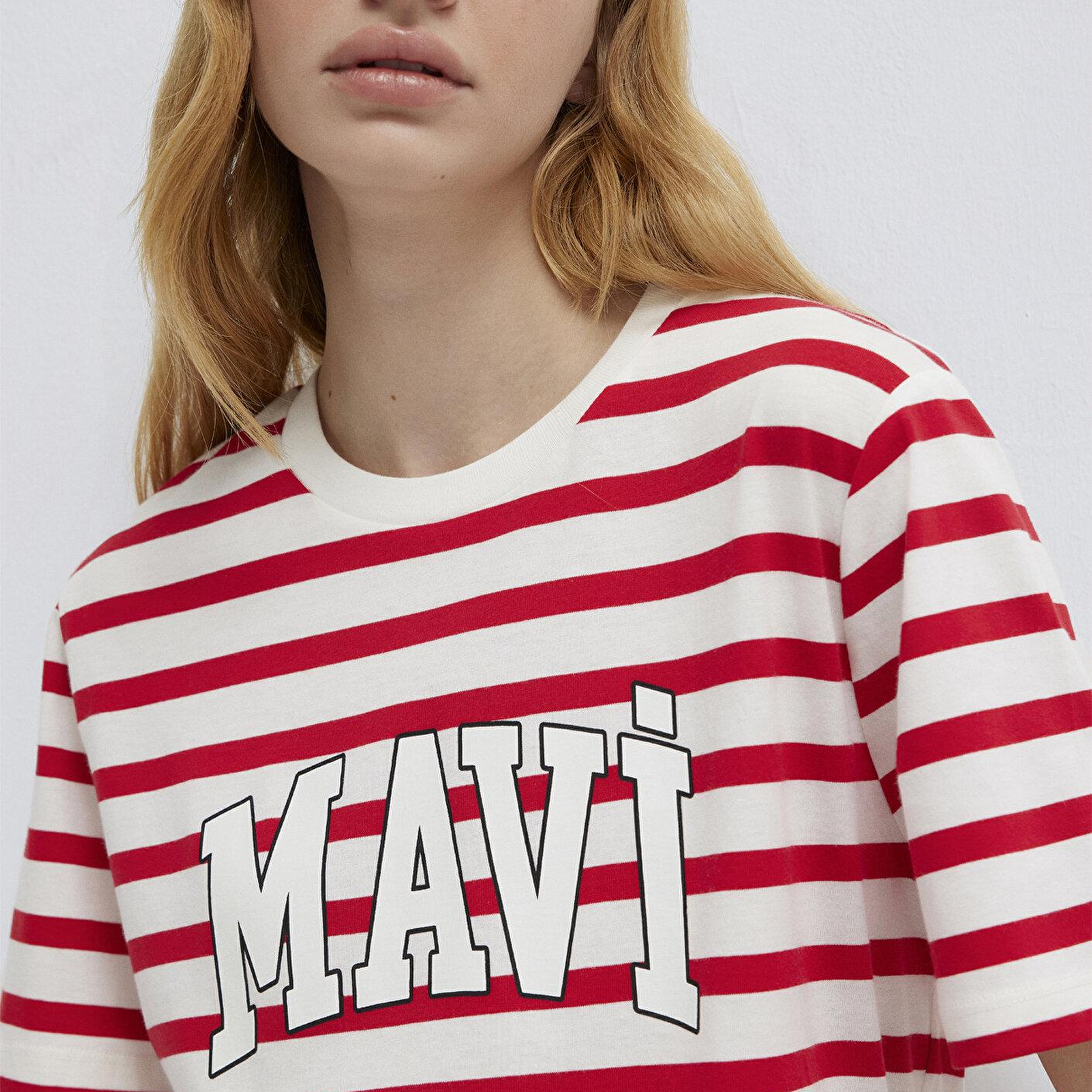 Mavi Mavi Logo Baskılı Kırmızı Çizgili Tişört Regular Fit / Normal Kesim 1611360-84475