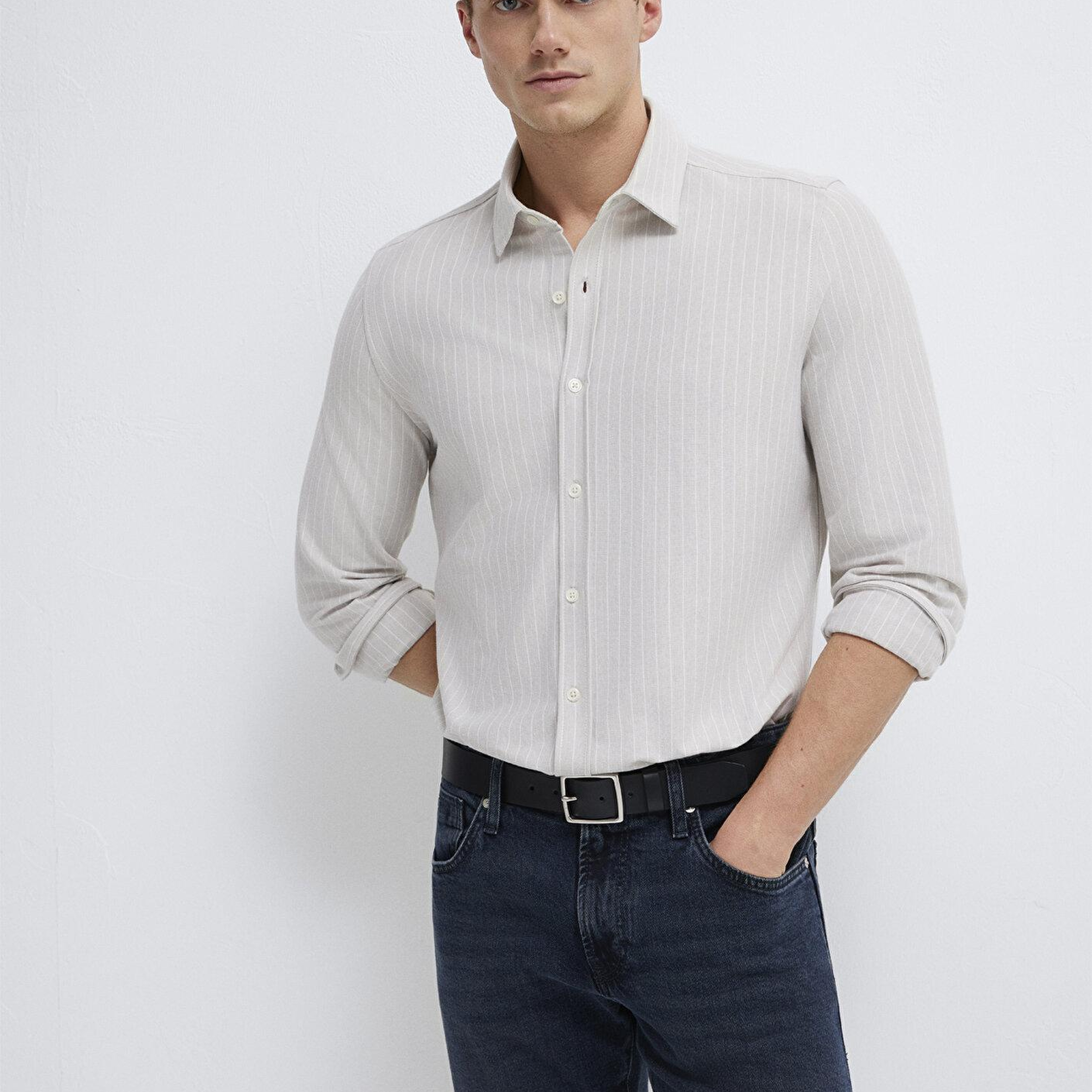 Mavi Çizgili Gri Gömlek Slim Fit / Dar Kesim 0211858-91410