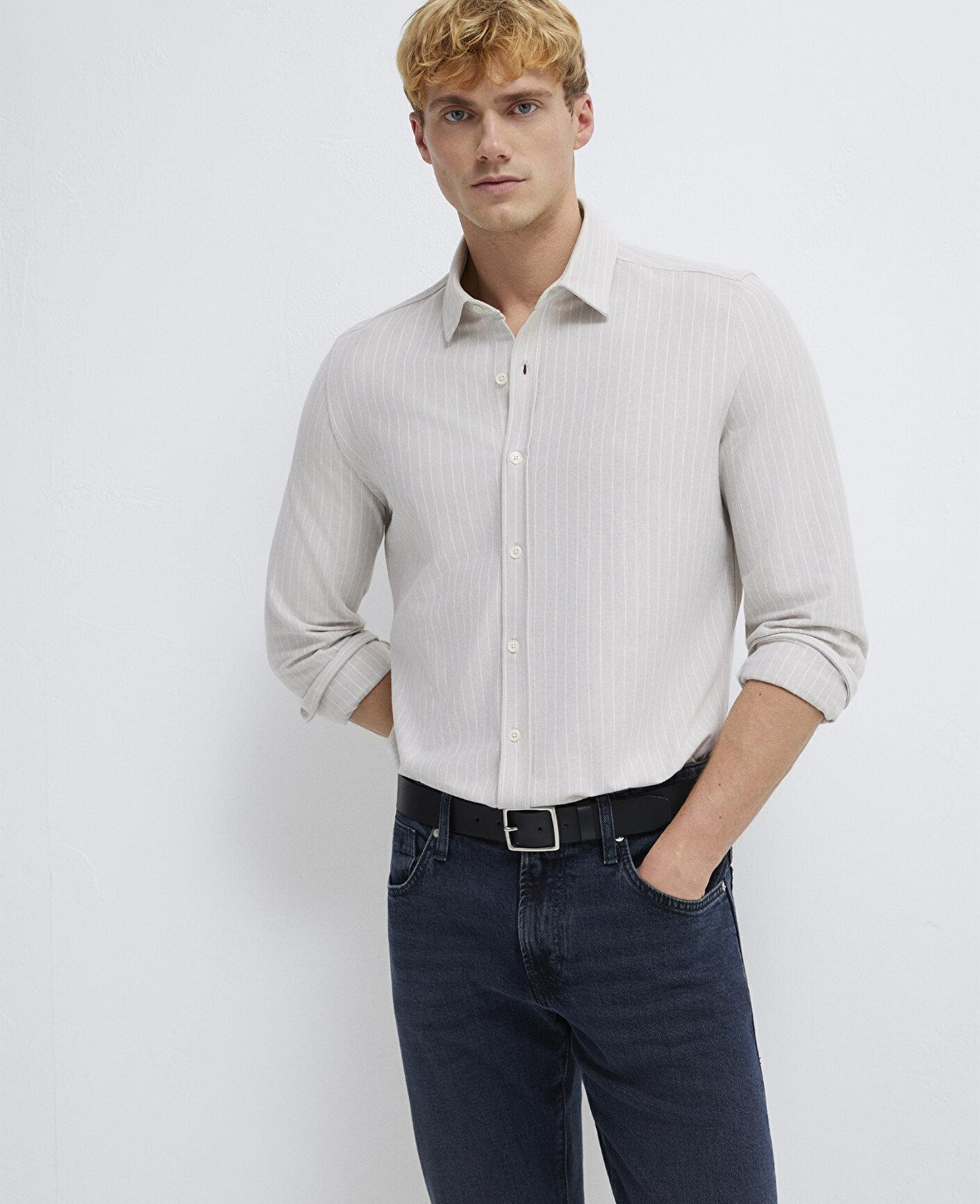 Mavi Çizgili Gri Gömlek Slim Fit / Dar Kesim 0211858-91410