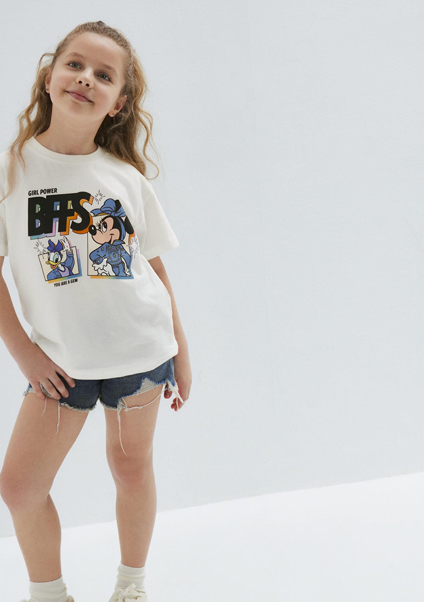 Mavi Mickey Mouse Baskılı Ekru Tişört Loose Fit / Bol Rahat Kesim 7610419-70057