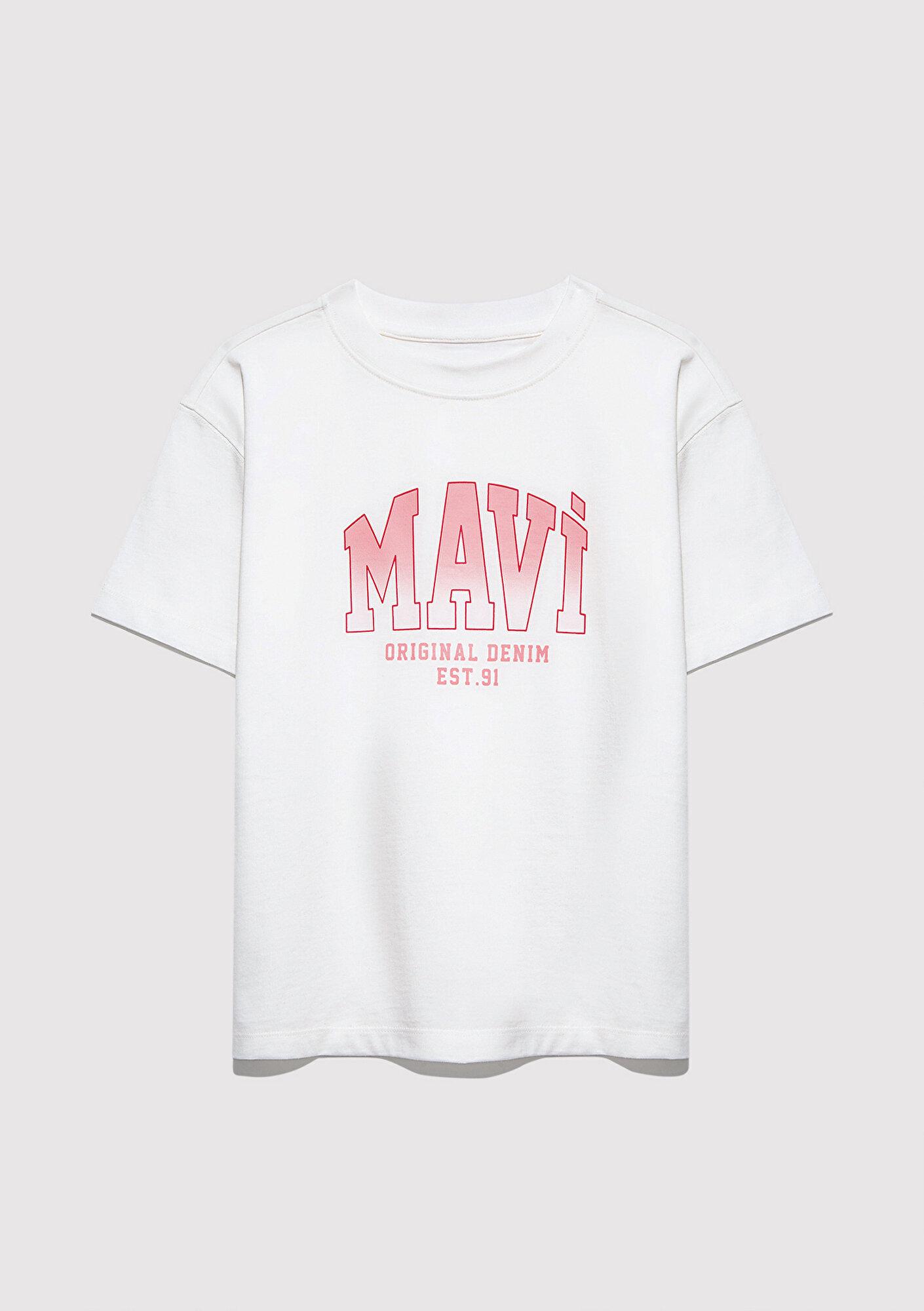 Mavi Mavi Logo Baskılı Ekru Tişört Loose Fit / Bol Rahat Kesim 7610386-70057