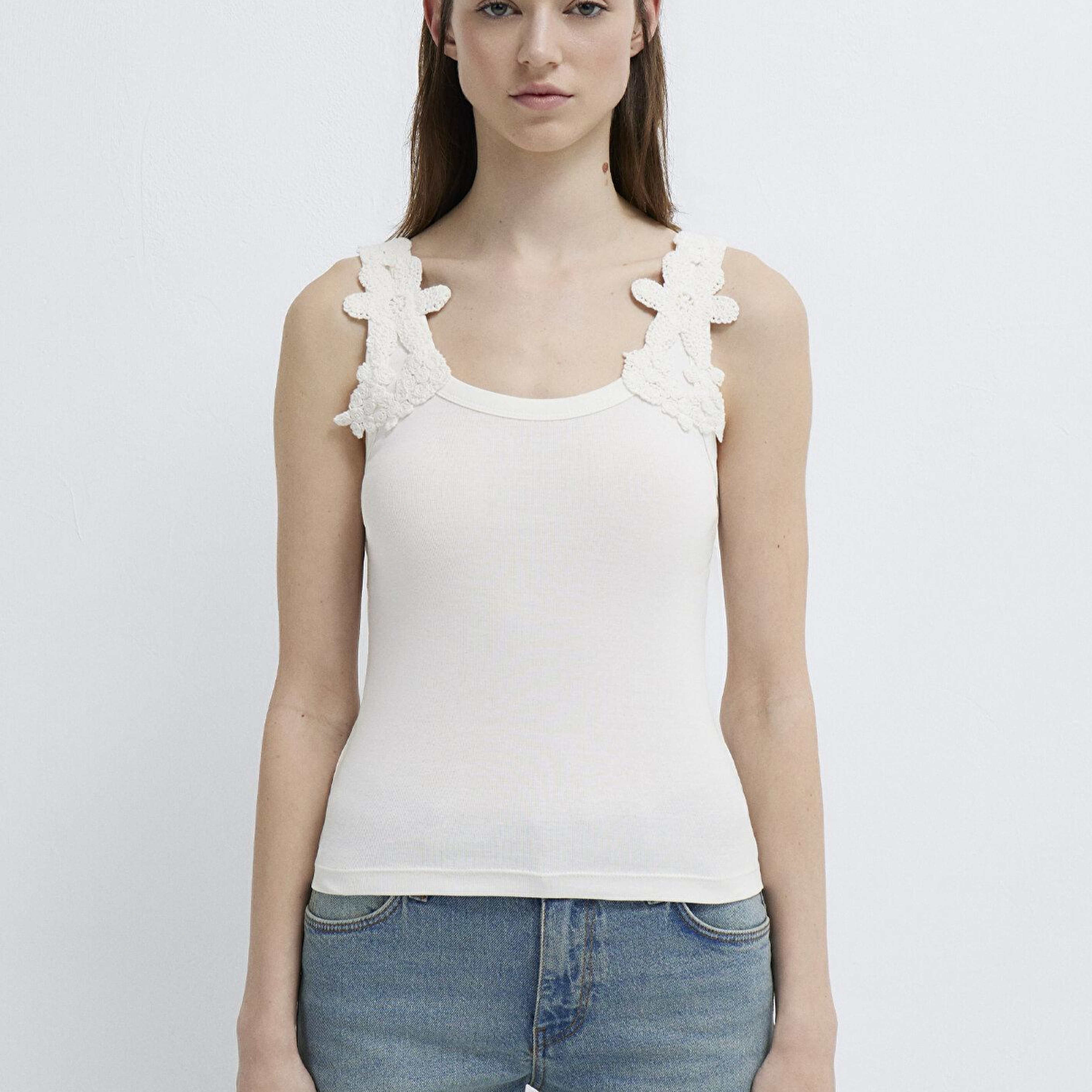 Mavi Dantel Askılı Ekru Atlet Slim Fit / Dar Kesim 1613943-70057