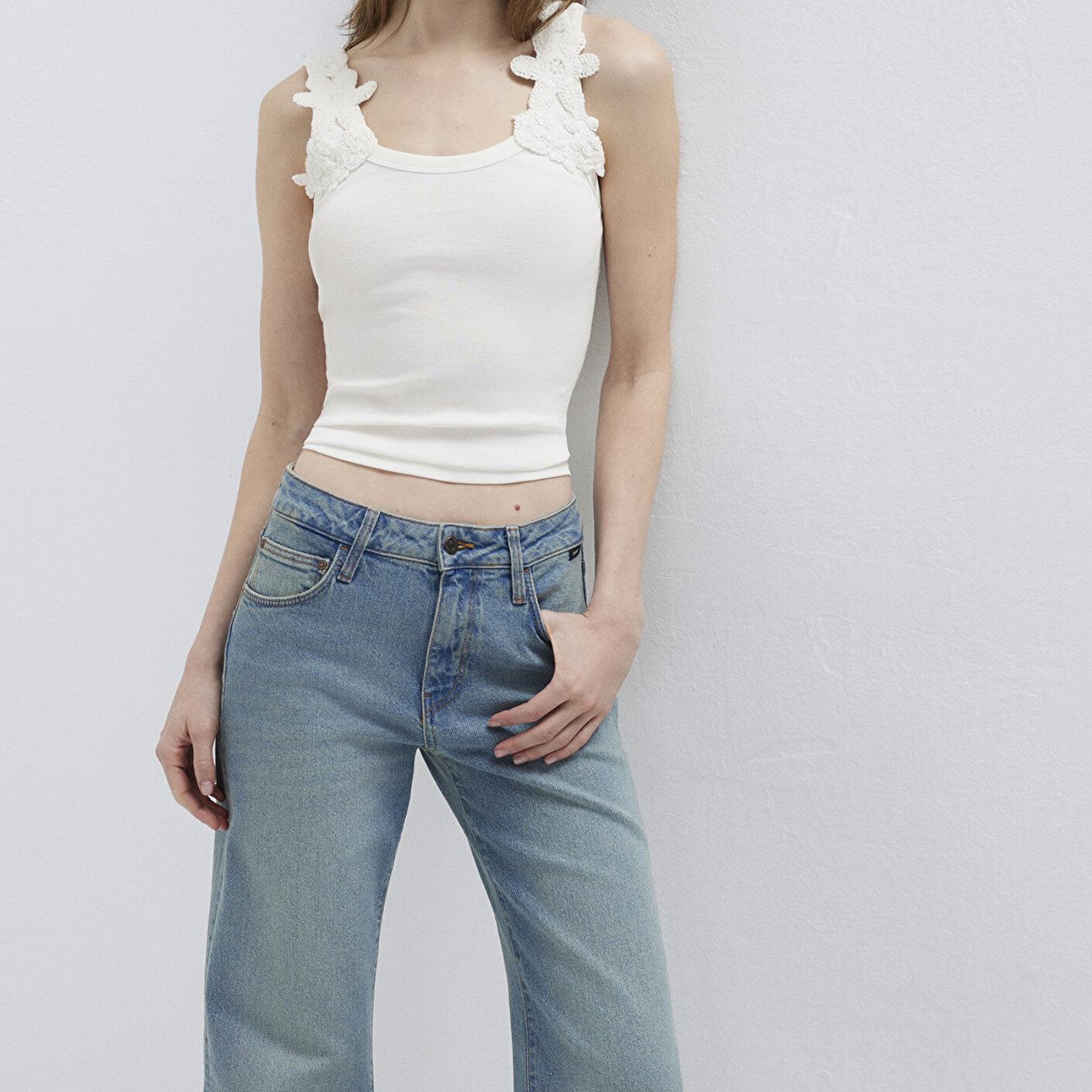 Mavi Dantel Askılı Ekru Atlet Slim Fit / Dar Kesim 1613943-70057