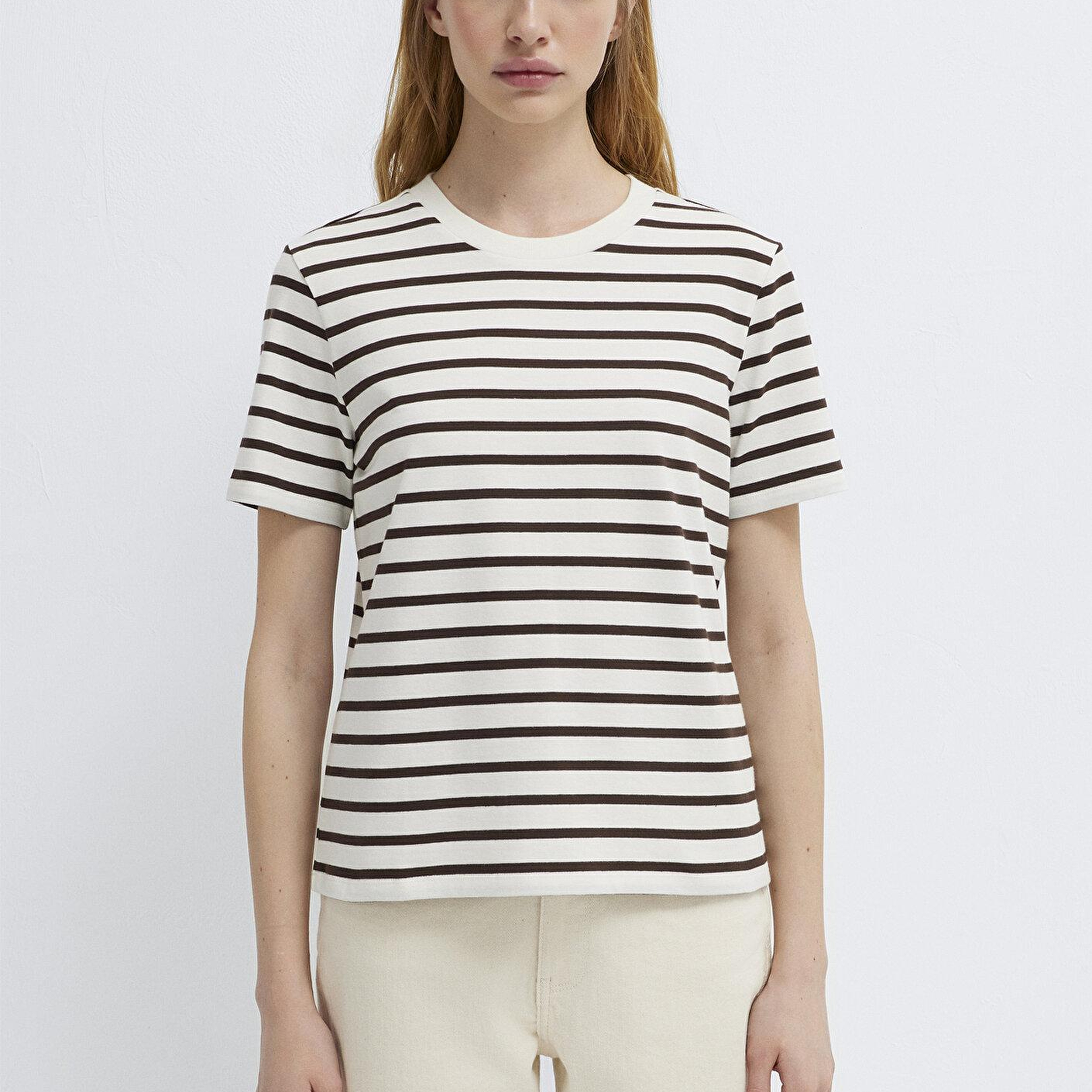 Mavi Çizigli Ekru Tişört Slim Fit / Dar Kesim 1614216-86687