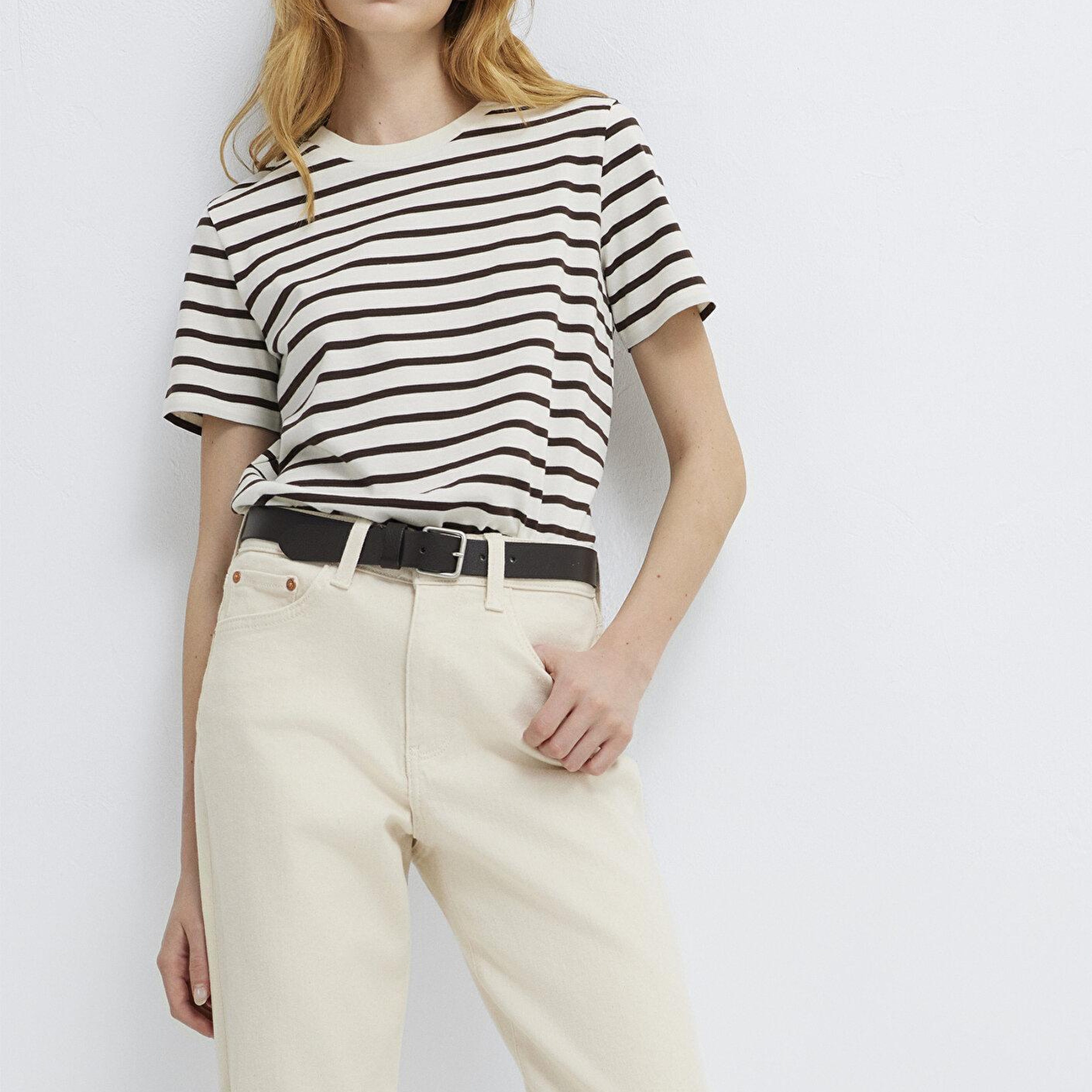 Mavi Çizigli Ekru Tişört Slim Fit / Dar Kesim 1614216-86687