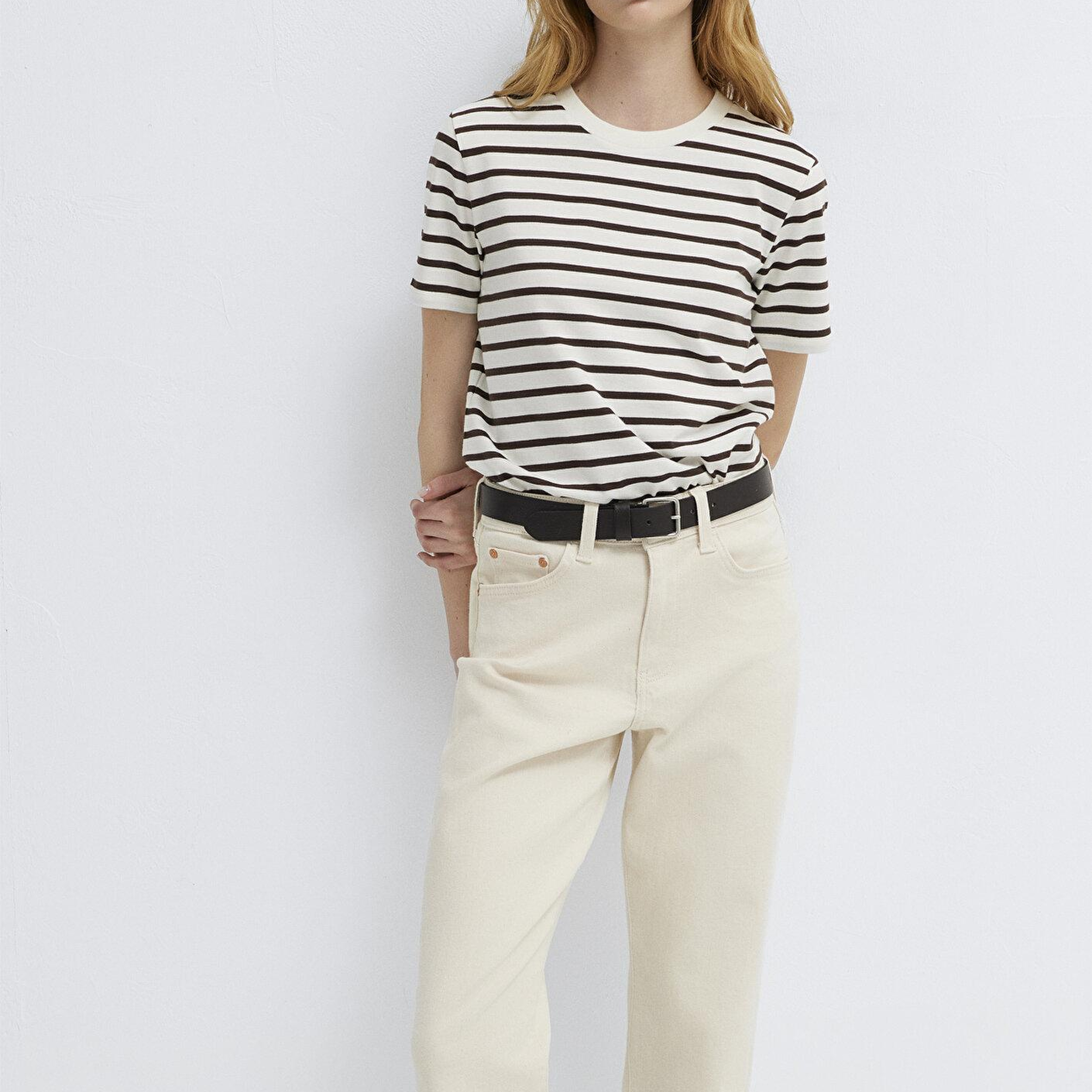 Mavi Çizigli Ekru Tişört Slim Fit / Dar Kesim 1614216-86687