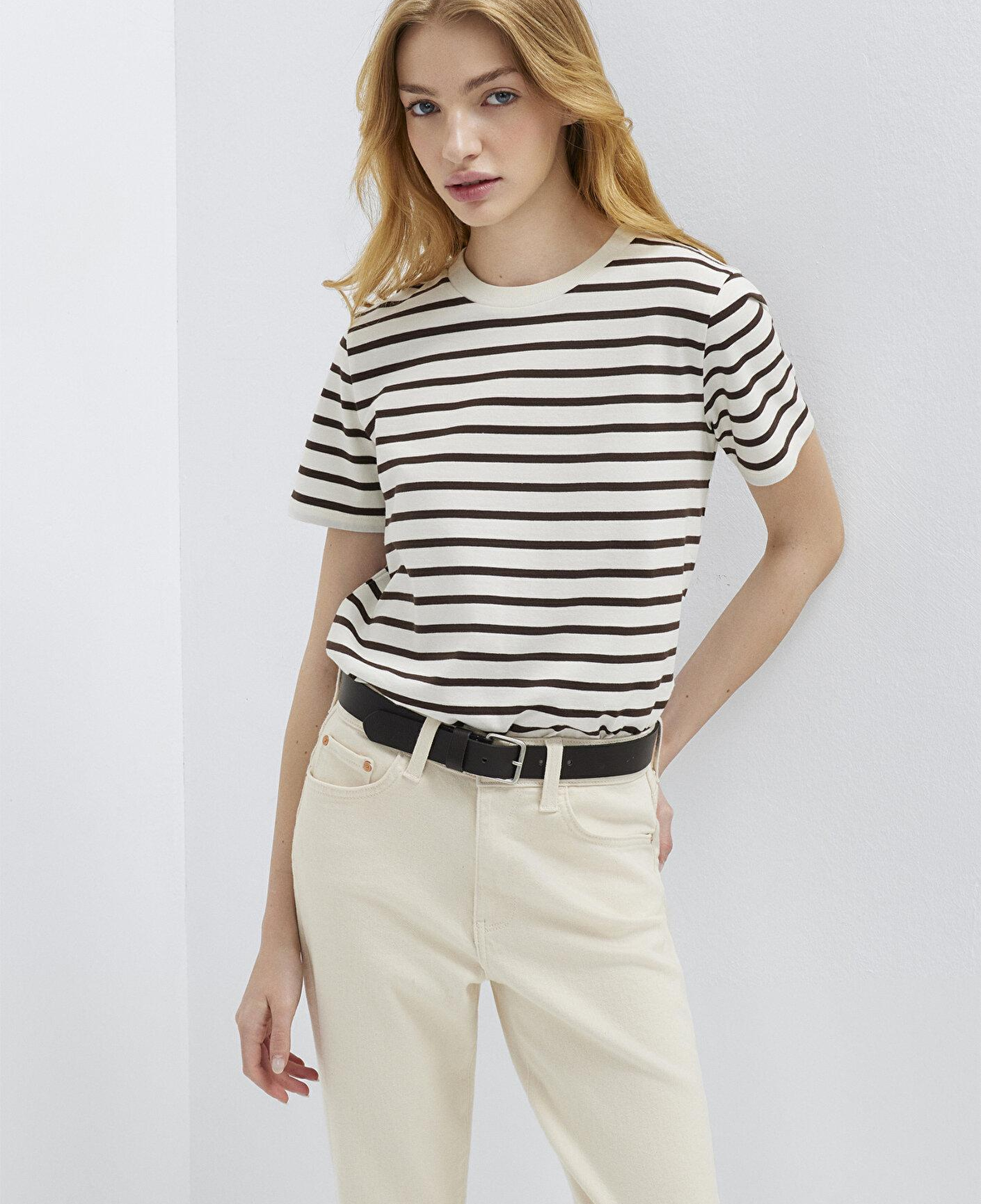 Mavi Çizigli Ekru Tişört Slim Fit / Dar Kesim 1614216-86687