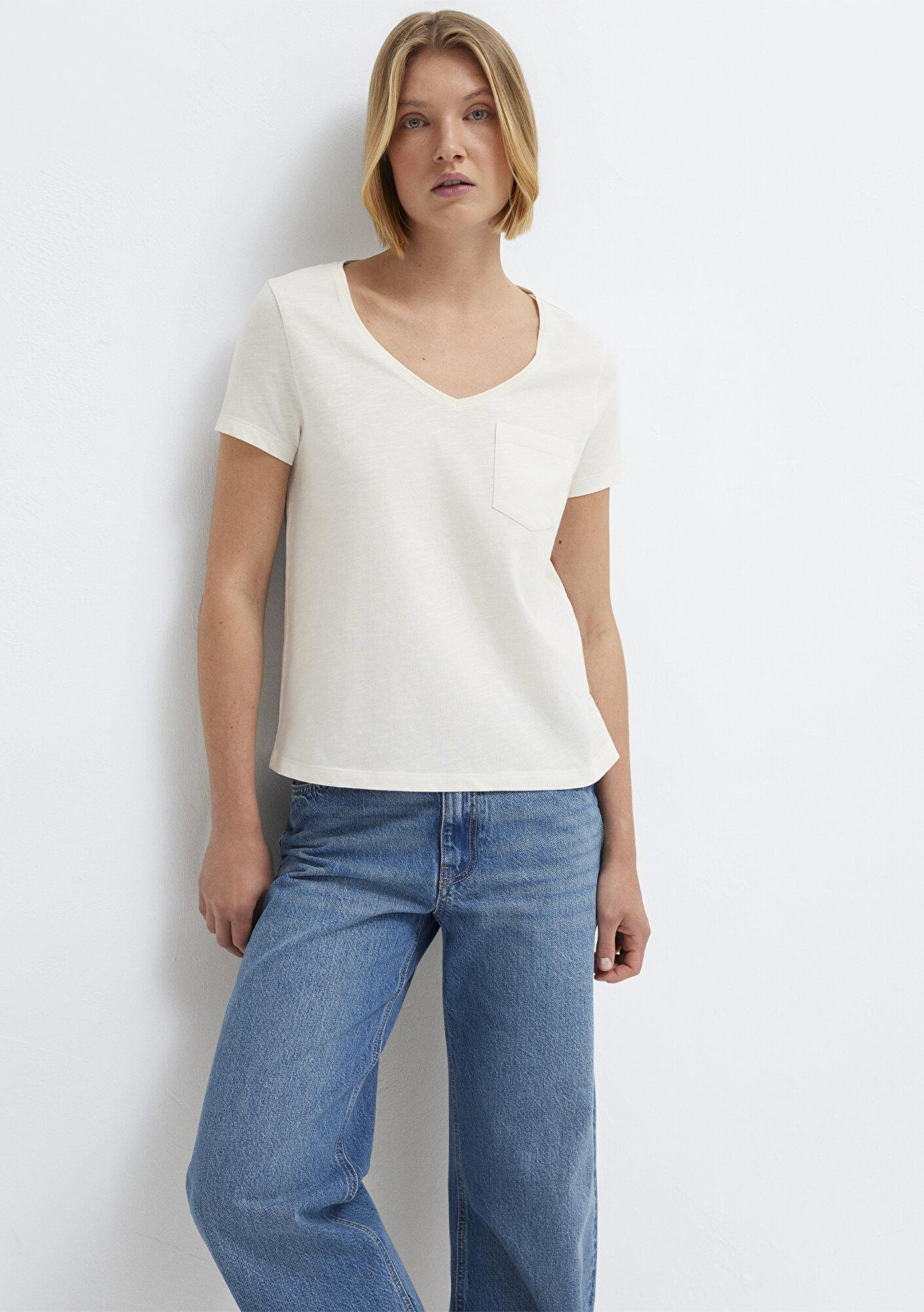 Mavi V Yaka Ekru Basic Tişört Slim Fit / Dar Kesim 1614178-80194