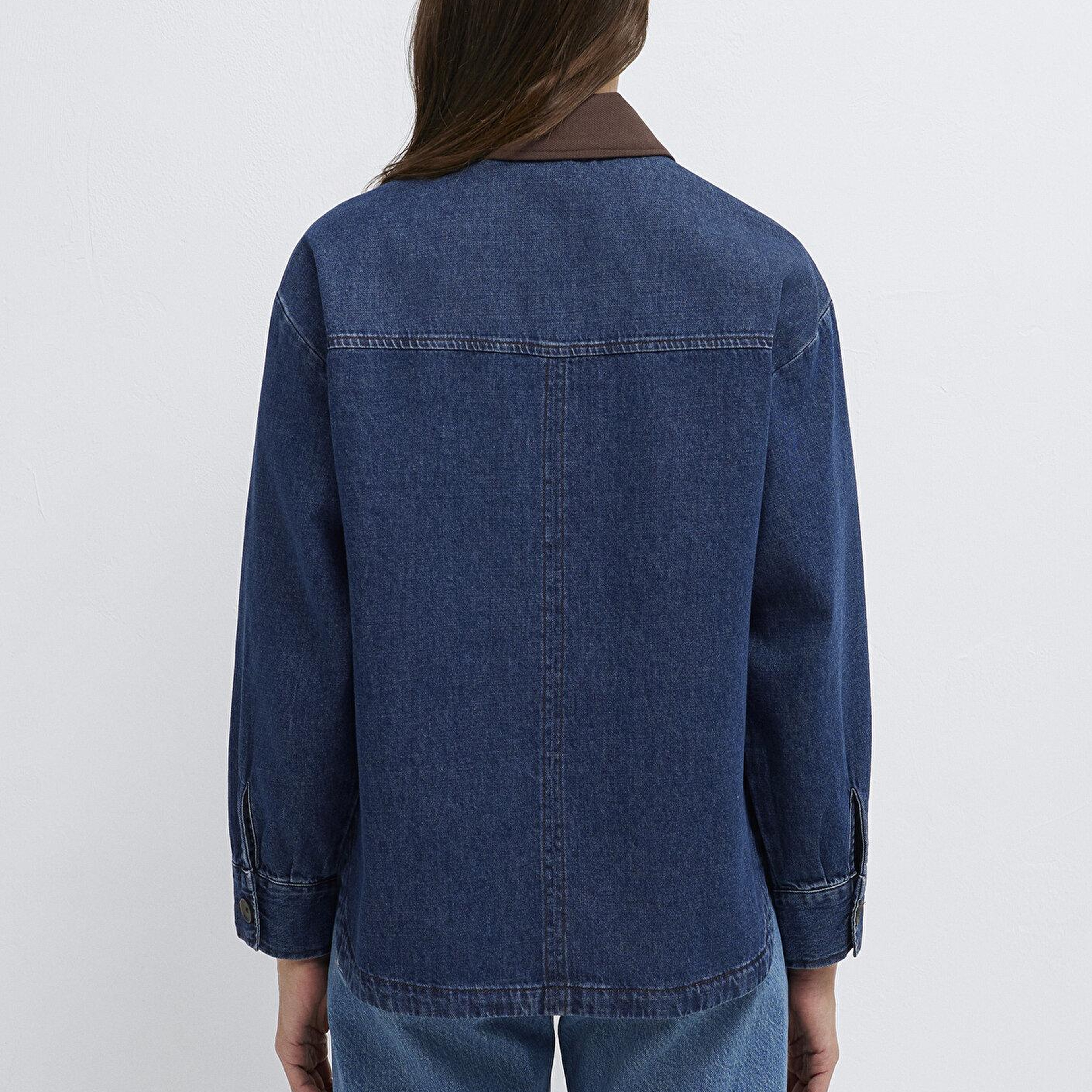 Mavi Yaka Detaylı Koyu Mavi Gömlek Loose Fit / Bol Rahat Kesim 1211536-91447