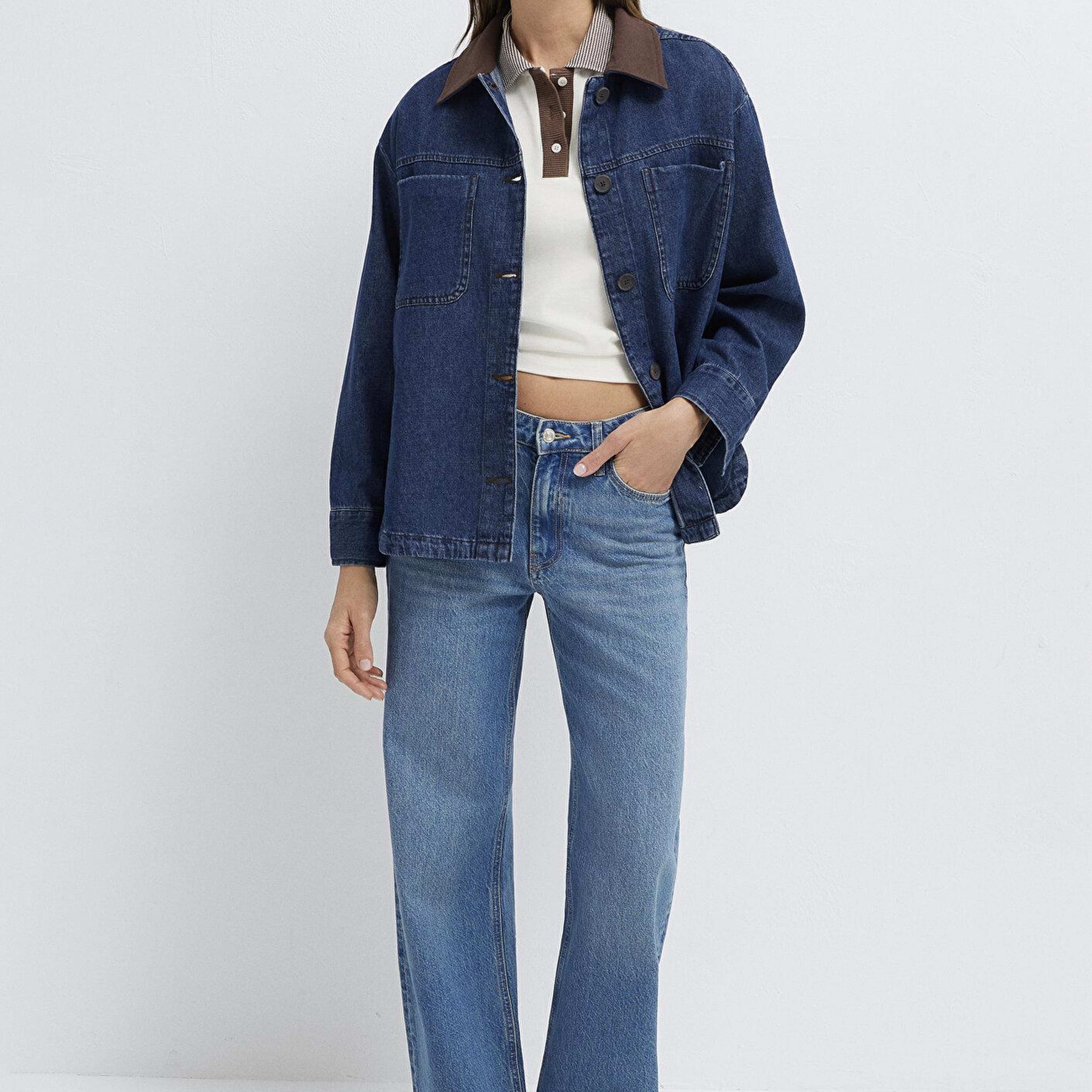 Mavi Yaka Detaylı Koyu Mavi Gömlek Loose Fit / Bol Rahat Kesim 1211536-91447