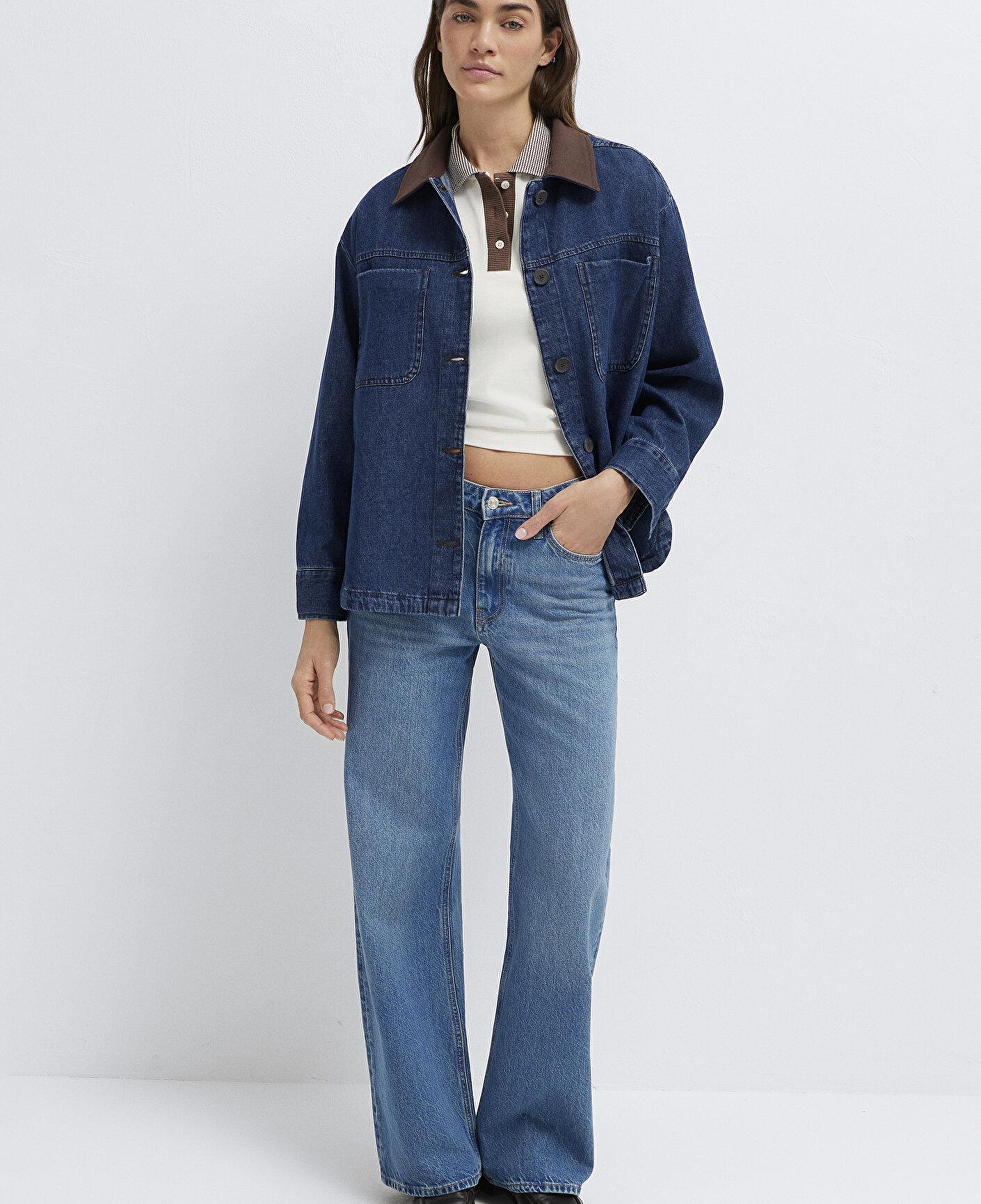 Mavi Yaka Detaylı Koyu Mavi Gömlek Loose Fit / Bol Rahat Kesim 1211536-91447