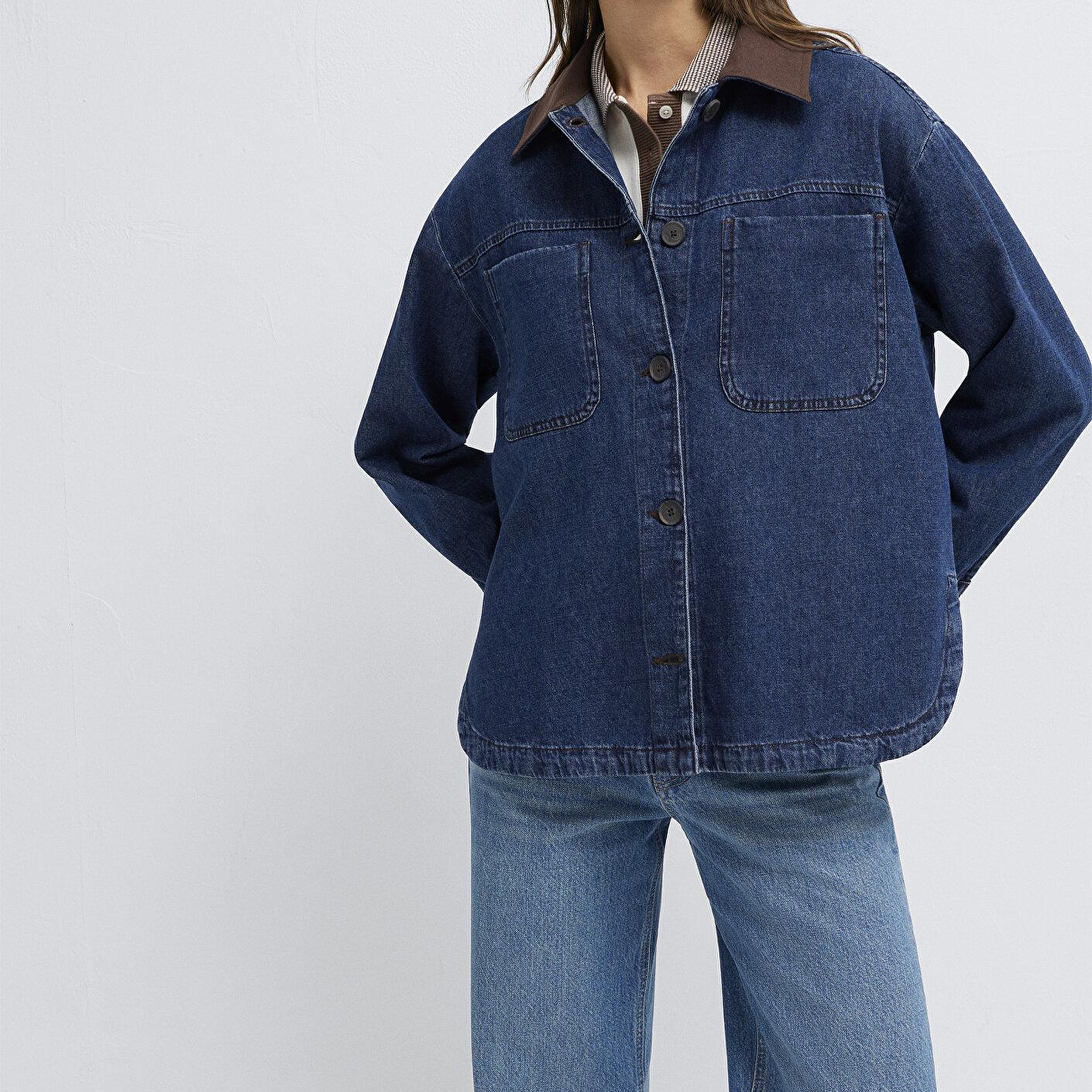 Mavi Yaka Detaylı Koyu Mavi Gömlek Loose Fit / Bol Rahat Kesim 1211536-91447