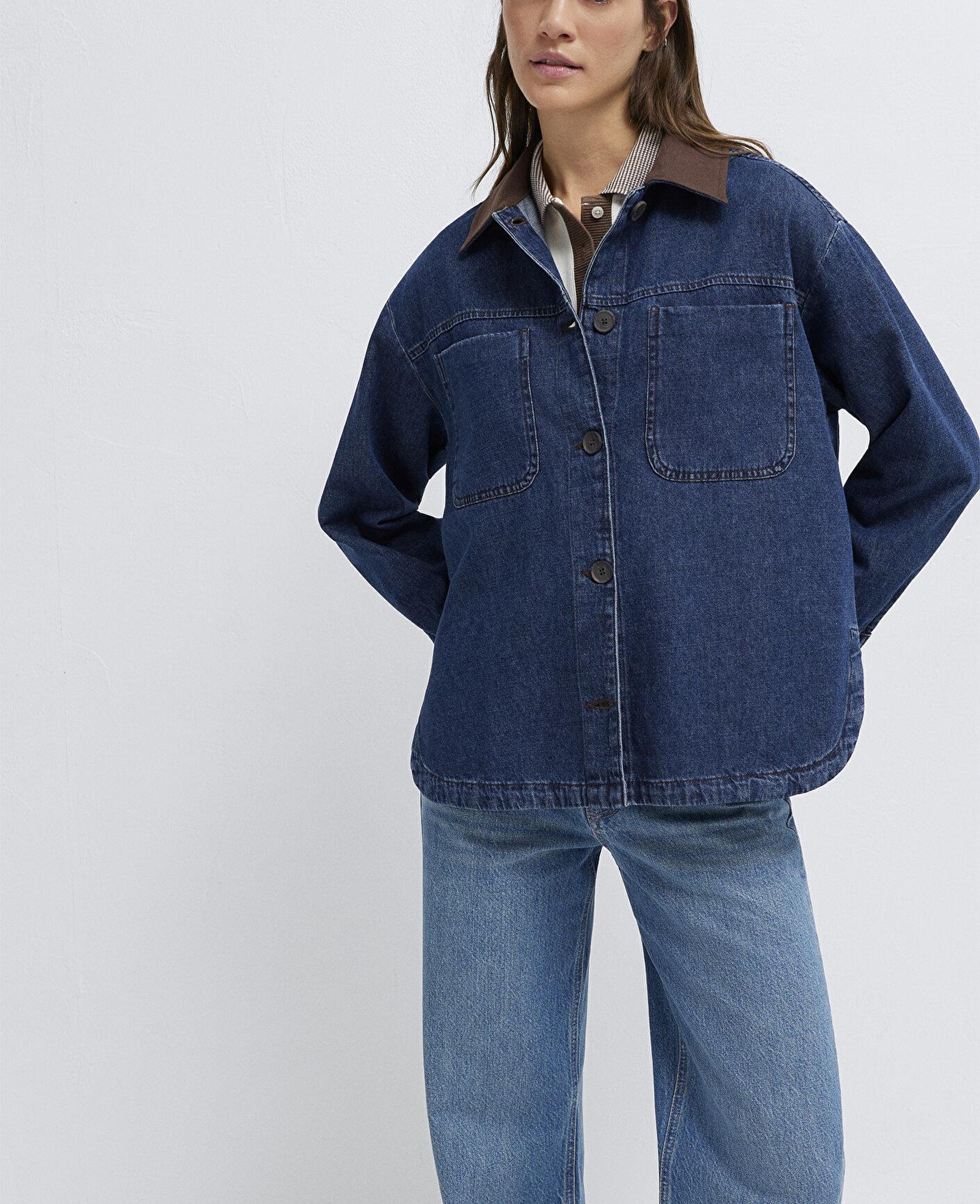 Mavi Yaka Detaylı Koyu Mavi Gömlek Loose Fit / Bol Rahat Kesim 1211536-91447