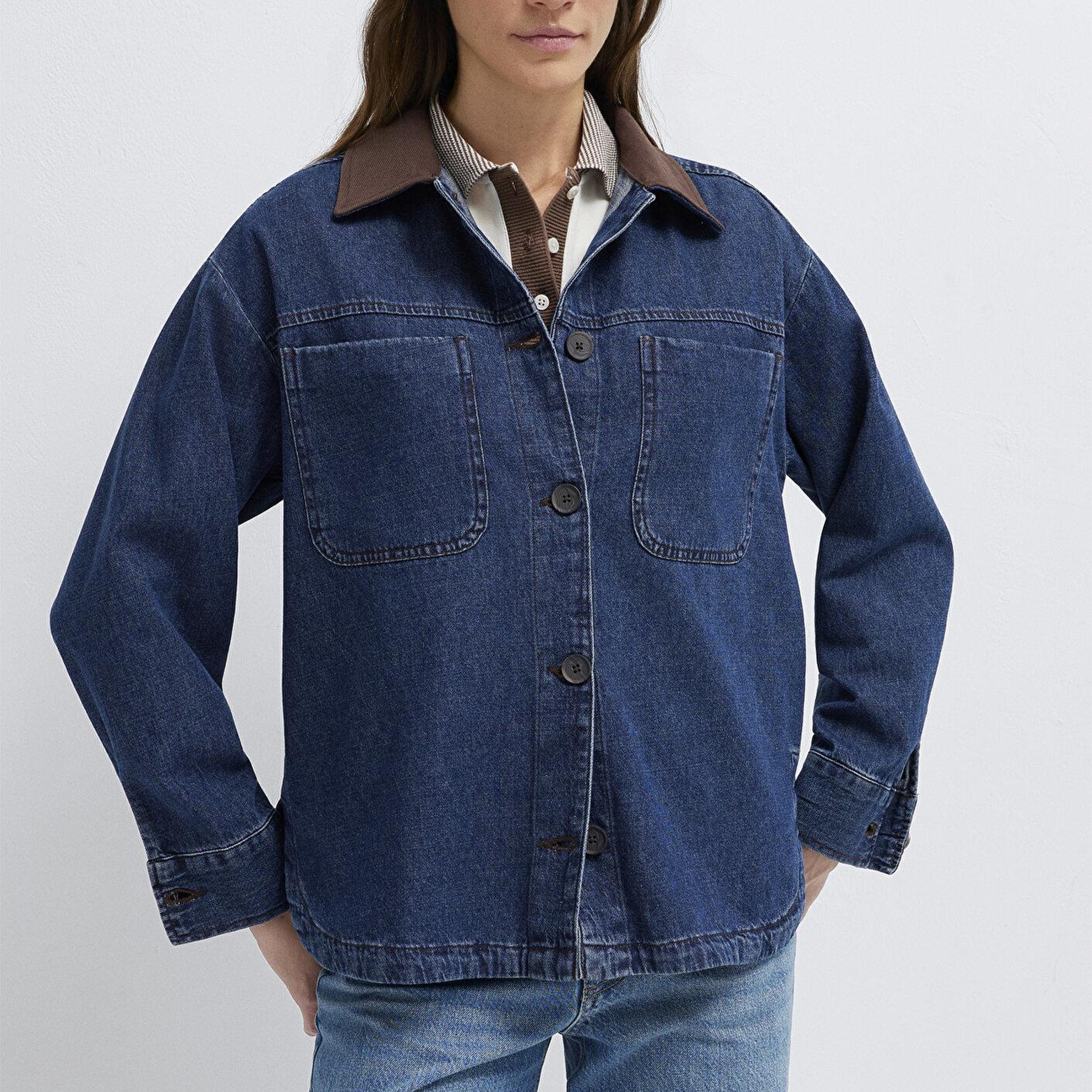 Mavi Yaka Detaylı Koyu Mavi Gömlek Loose Fit / Bol Rahat Kesim 1211536-91447