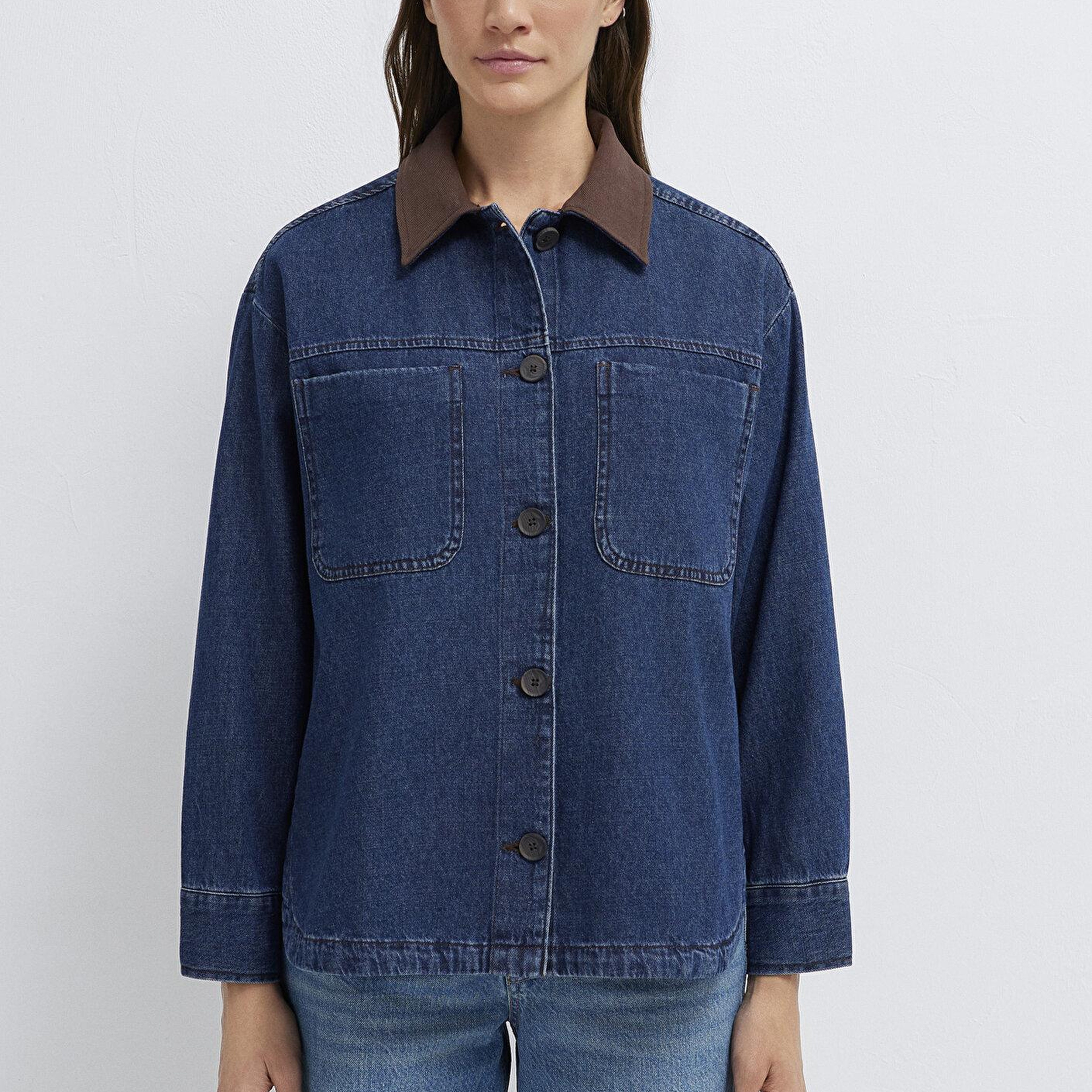 Mavi Yaka Detaylı Koyu Mavi Gömlek Loose Fit / Bol Rahat Kesim 1211536-91447