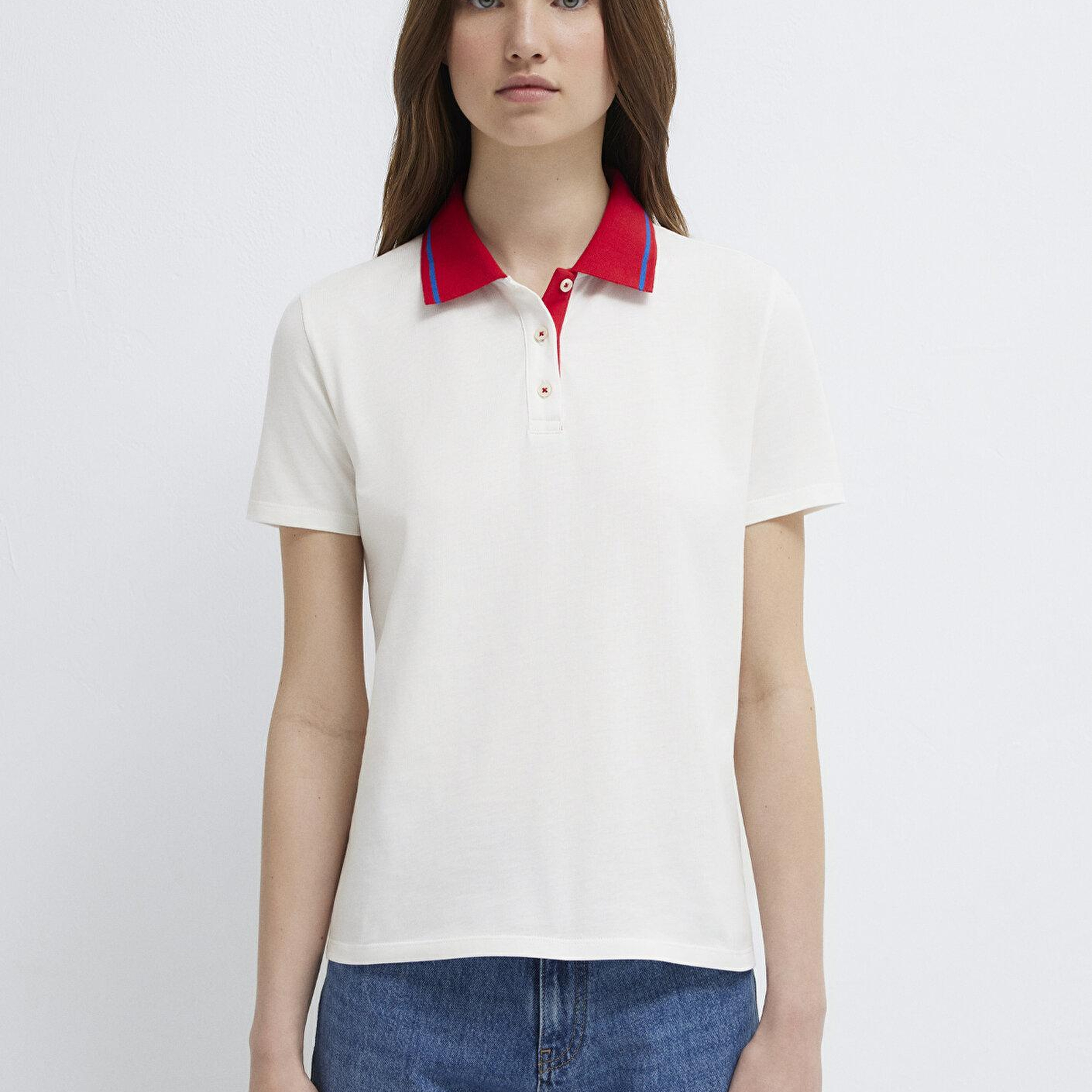 Mavi Yaka Detaylı Ekru Polo Tişört Semi Slim Fit / Yarı Dar Kesim 1613916-70057