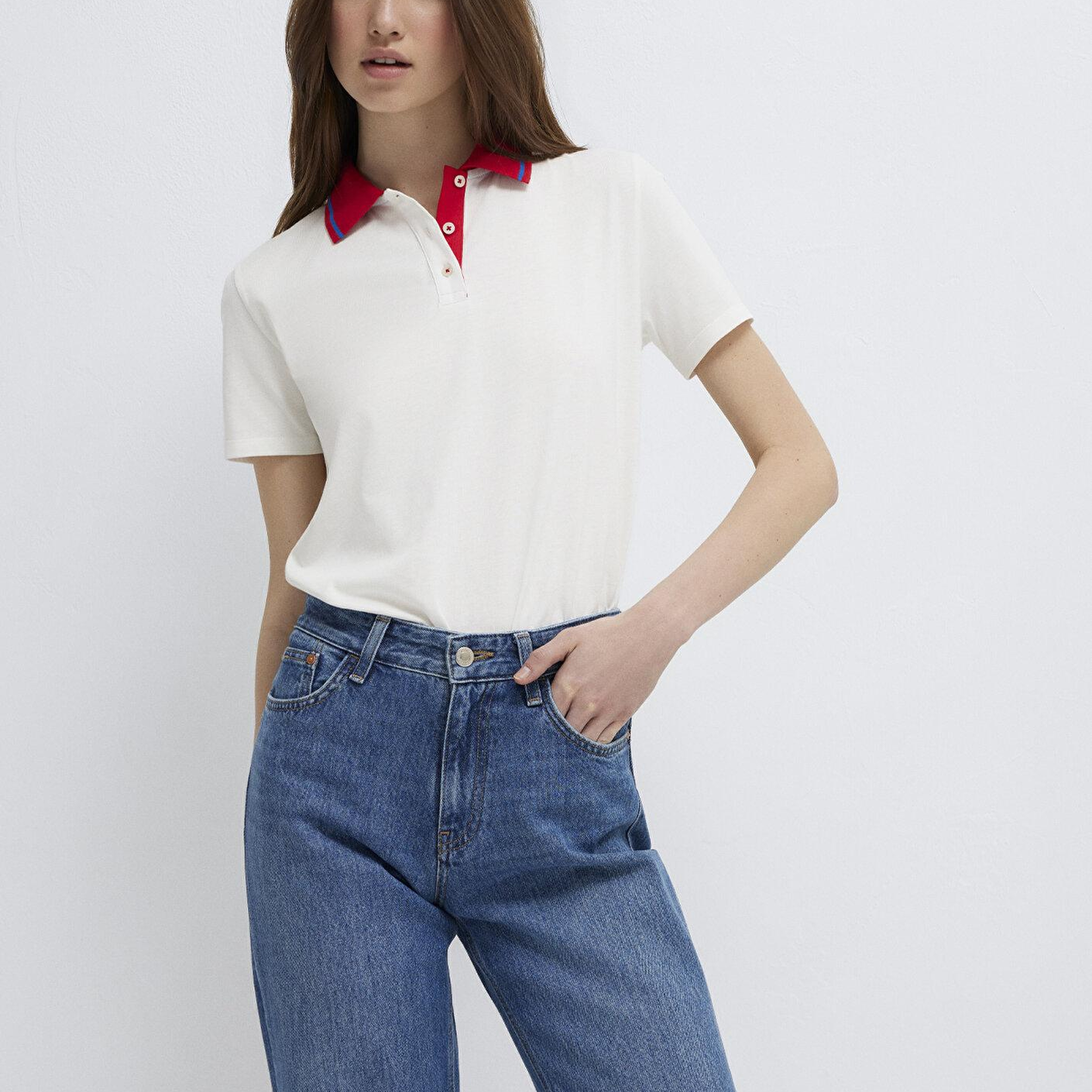 Mavi Yaka Detaylı Ekru Polo Tişört Semi Slim Fit / Yarı Dar Kesim 1613916-70057