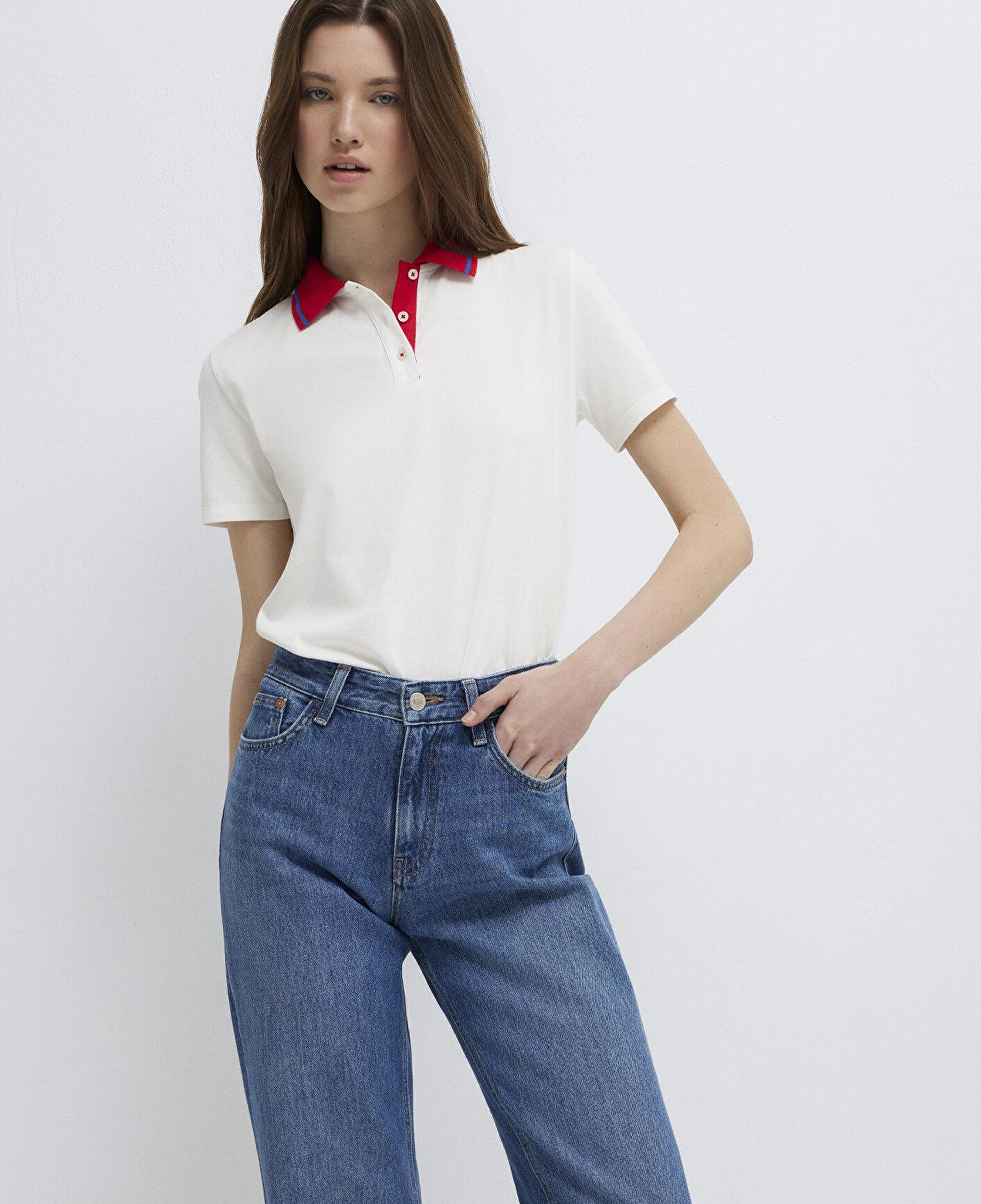 Mavi Yaka Detaylı Ekru Polo Tişört Semi Slim Fit / Yarı Dar Kesim 1613916-70057